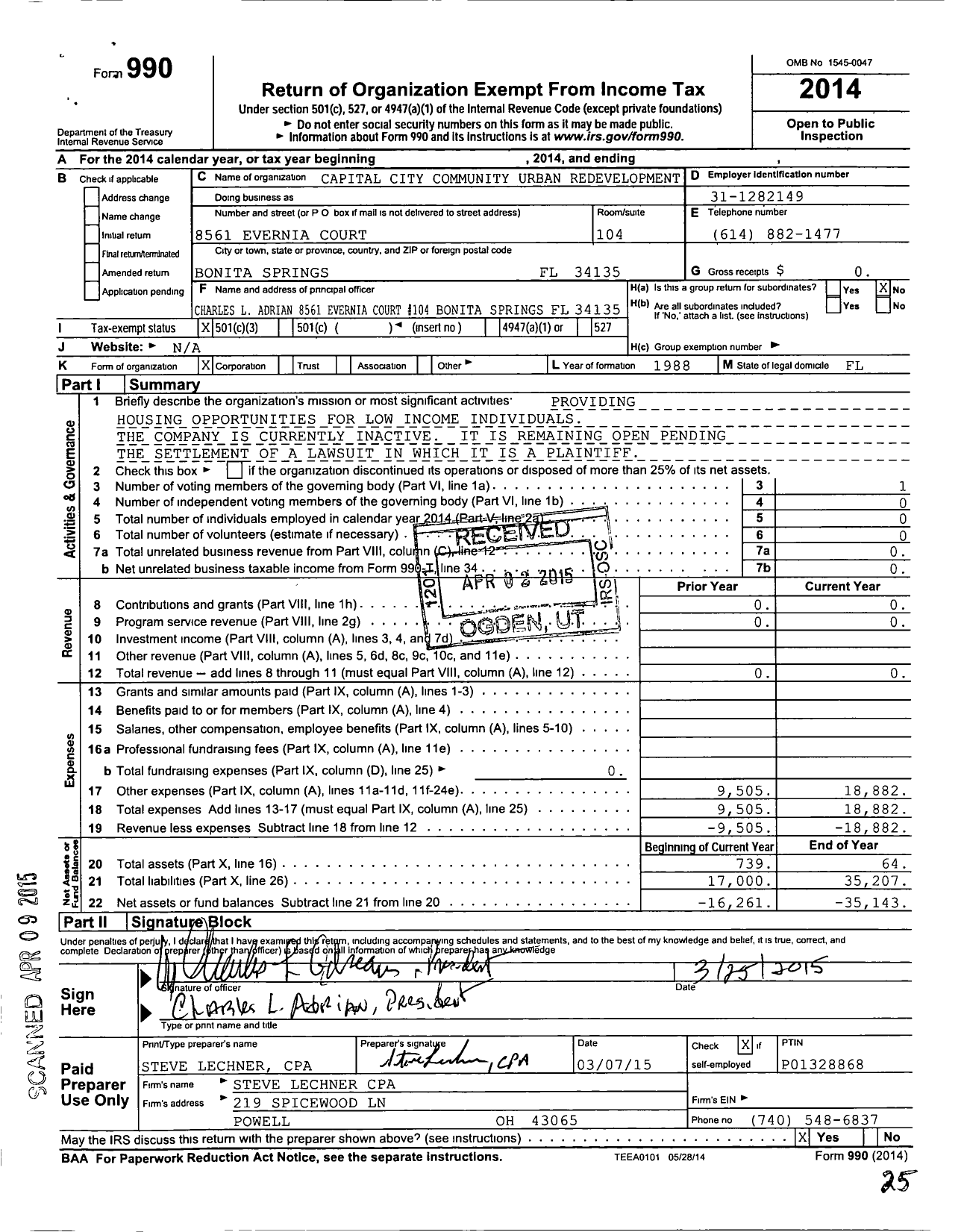 Image of first page of 2014 Form 990 for Capital City Community Urban Redevelopment Corporation