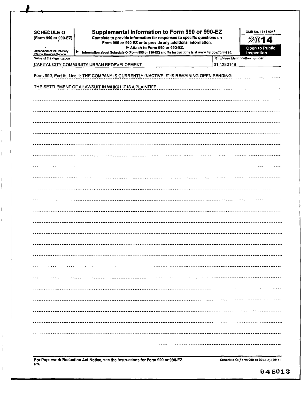 Image of first page of 2014 Form 990R for Capital City Community Urban Redevelopment Corporation