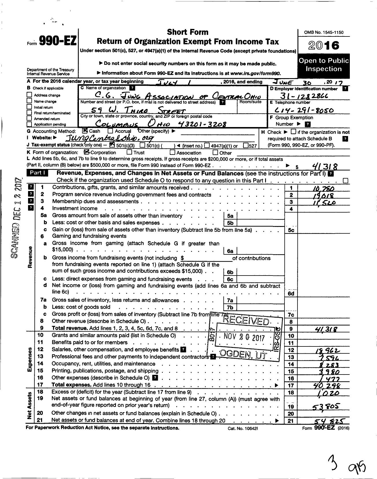 Image of first page of 2016 Form 990EZ for C G Jung Association of Central Ohio