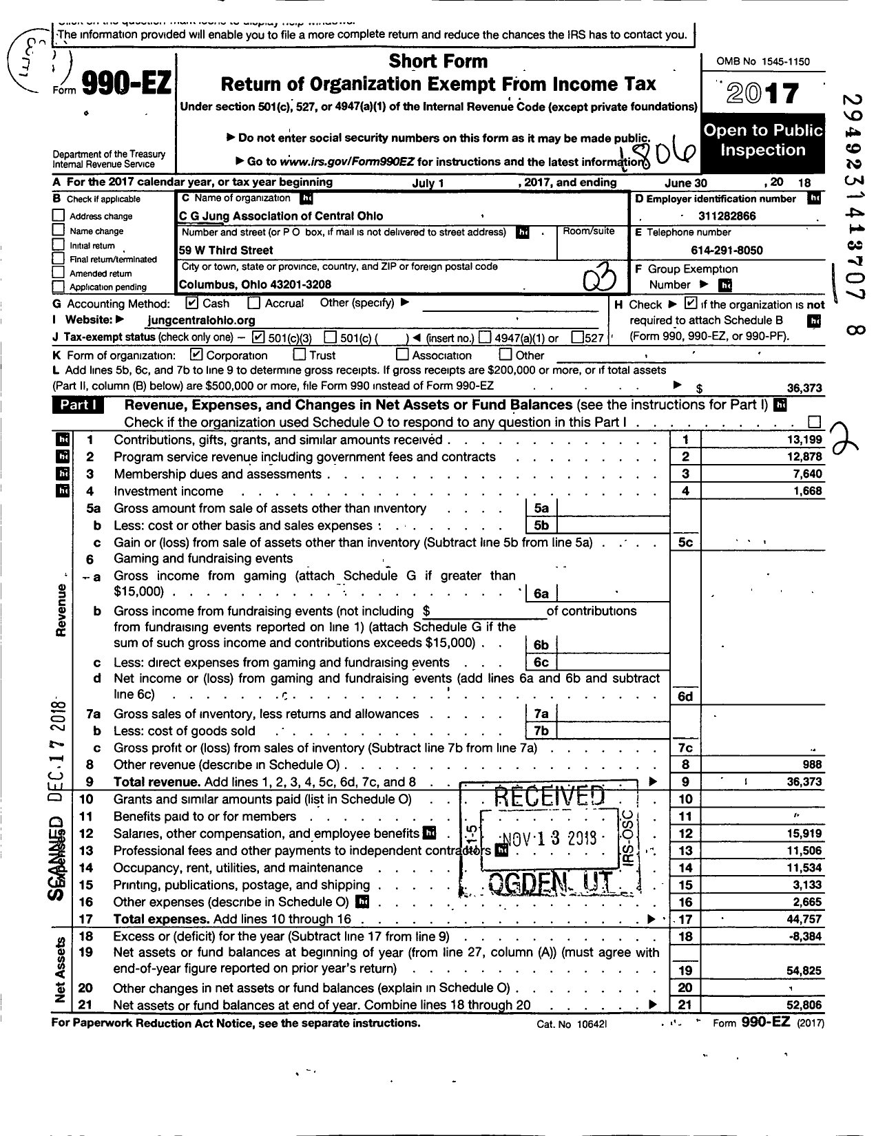 Image of first page of 2017 Form 990EZ for C G Jung Association of Central Ohio