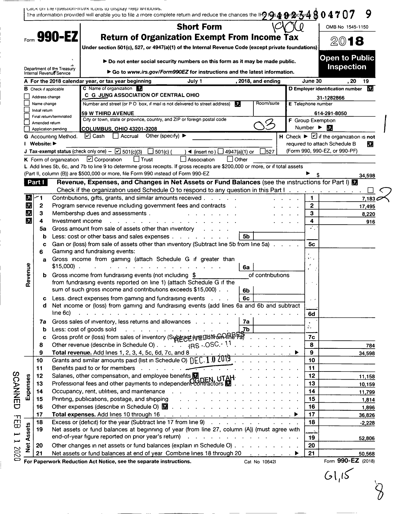 Image of first page of 2018 Form 990EZ for C G Jung Association of Central Ohio