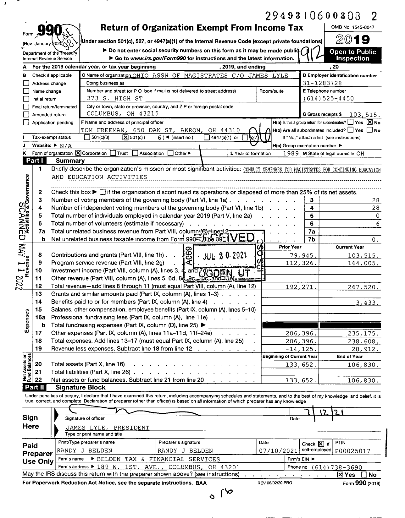 Image of first page of 2019 Form 990O for Ohio Association of Magistrates