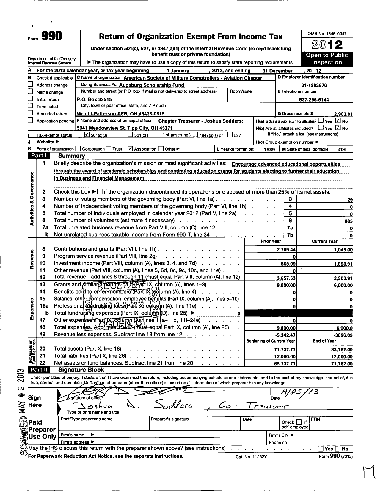 Image of first page of 2012 Form 990 for Augsburg Scholarship Fund