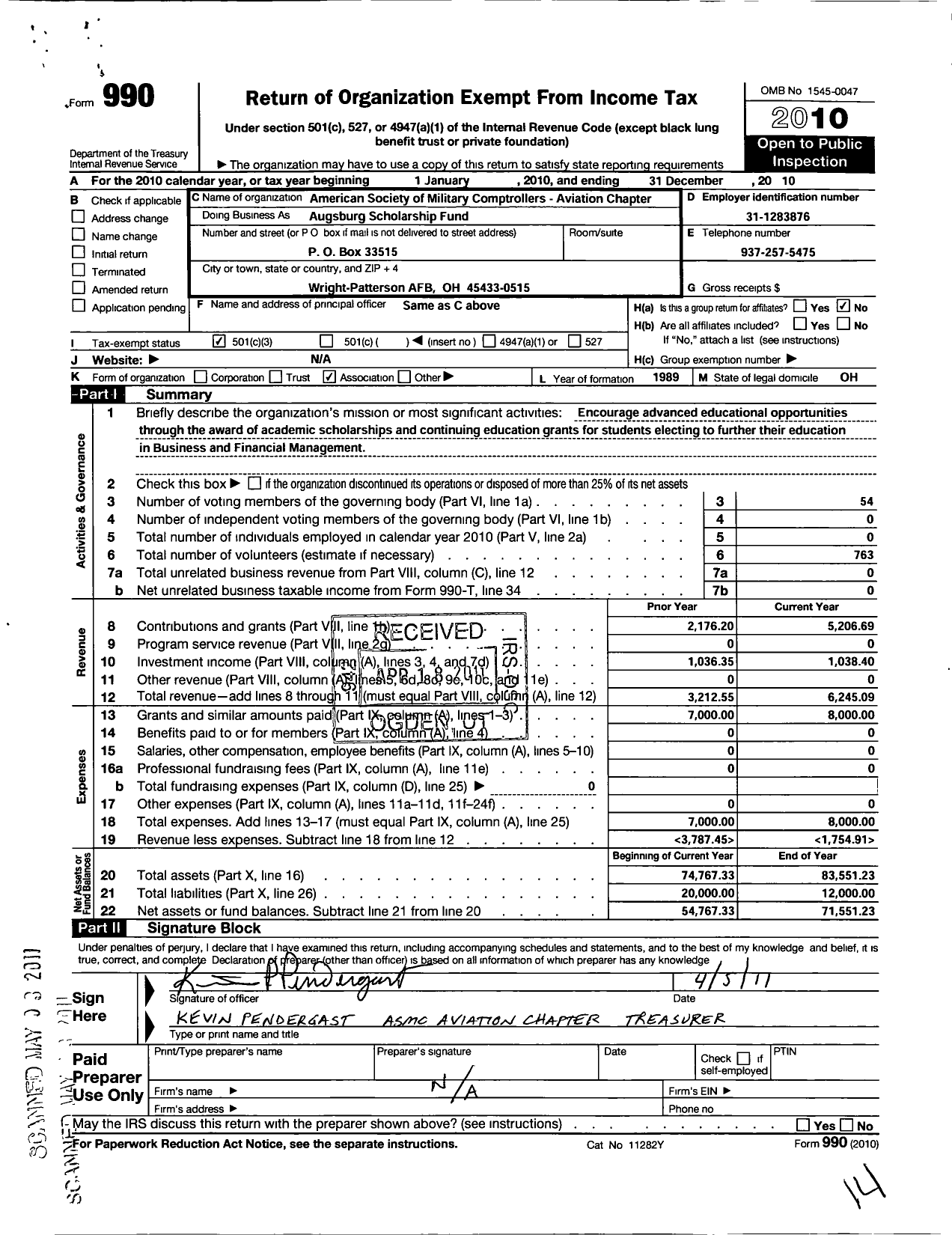 Image of first page of 2010 Form 990 for Augsburg Scholarship Fund