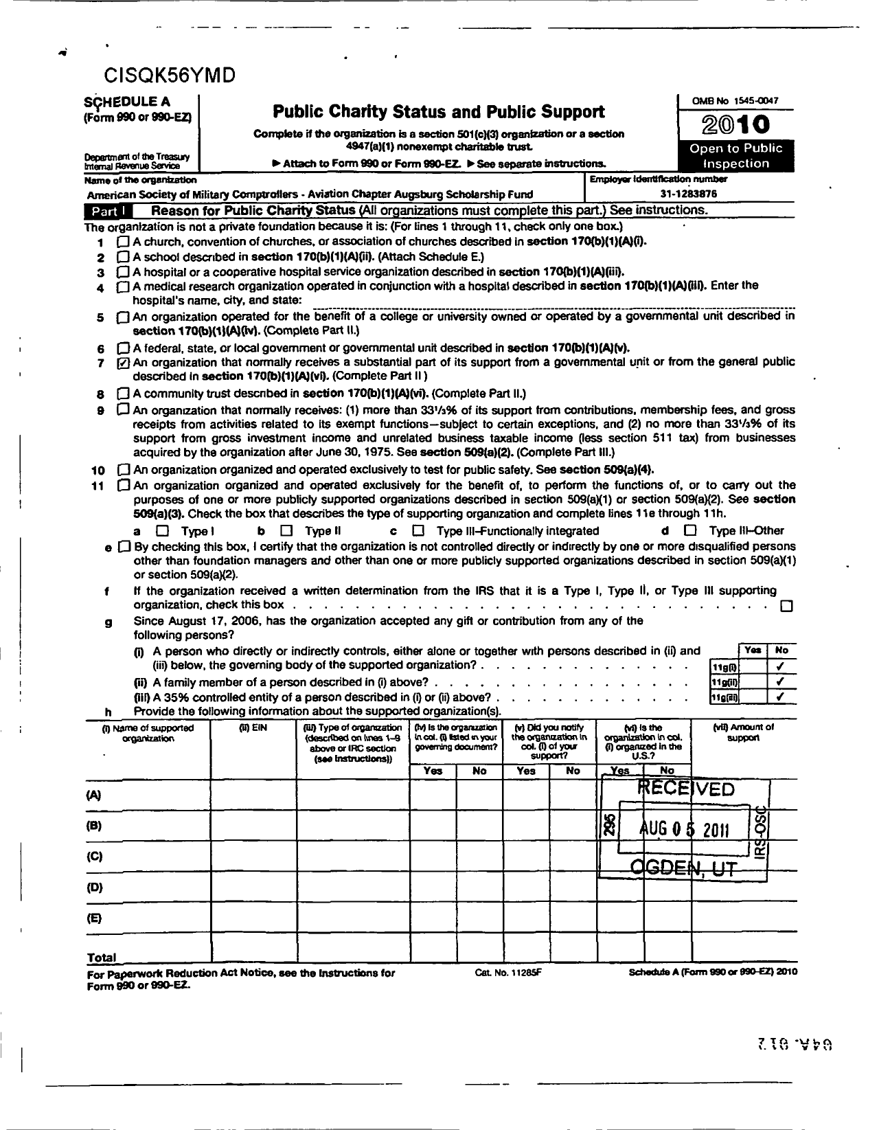 Image of first page of 2010 Form 990R for Augsburg Scholarship Fund