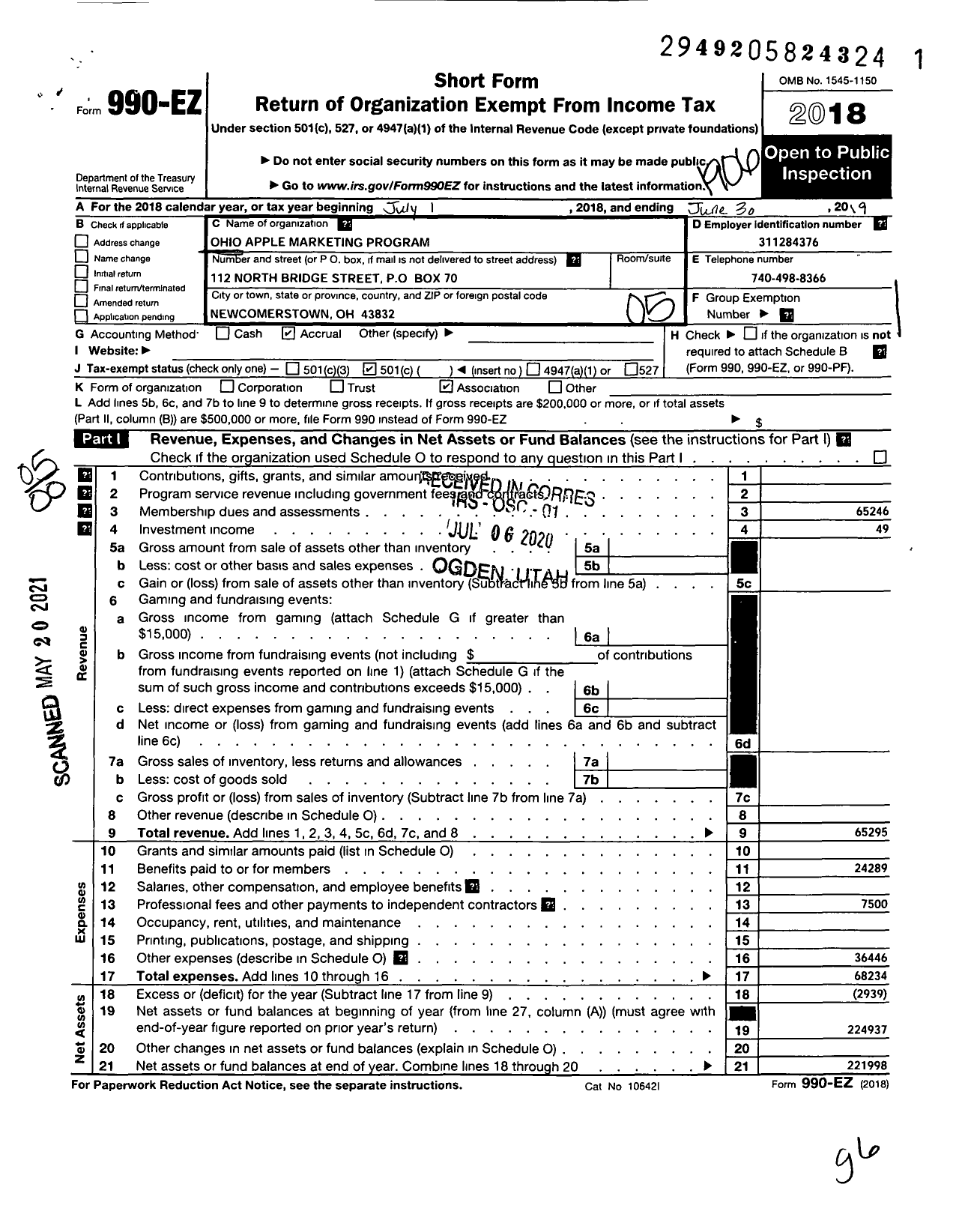 Image of first page of 2018 Form 990EO for Ohio Apple Marketing Program