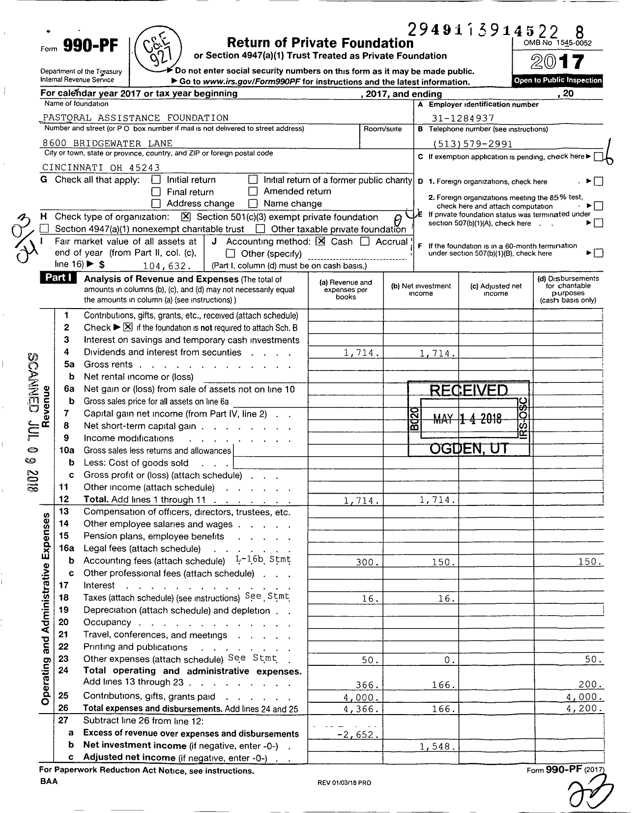 Image of first page of 2017 Form 990PF for Pastoral Assistance Foundation