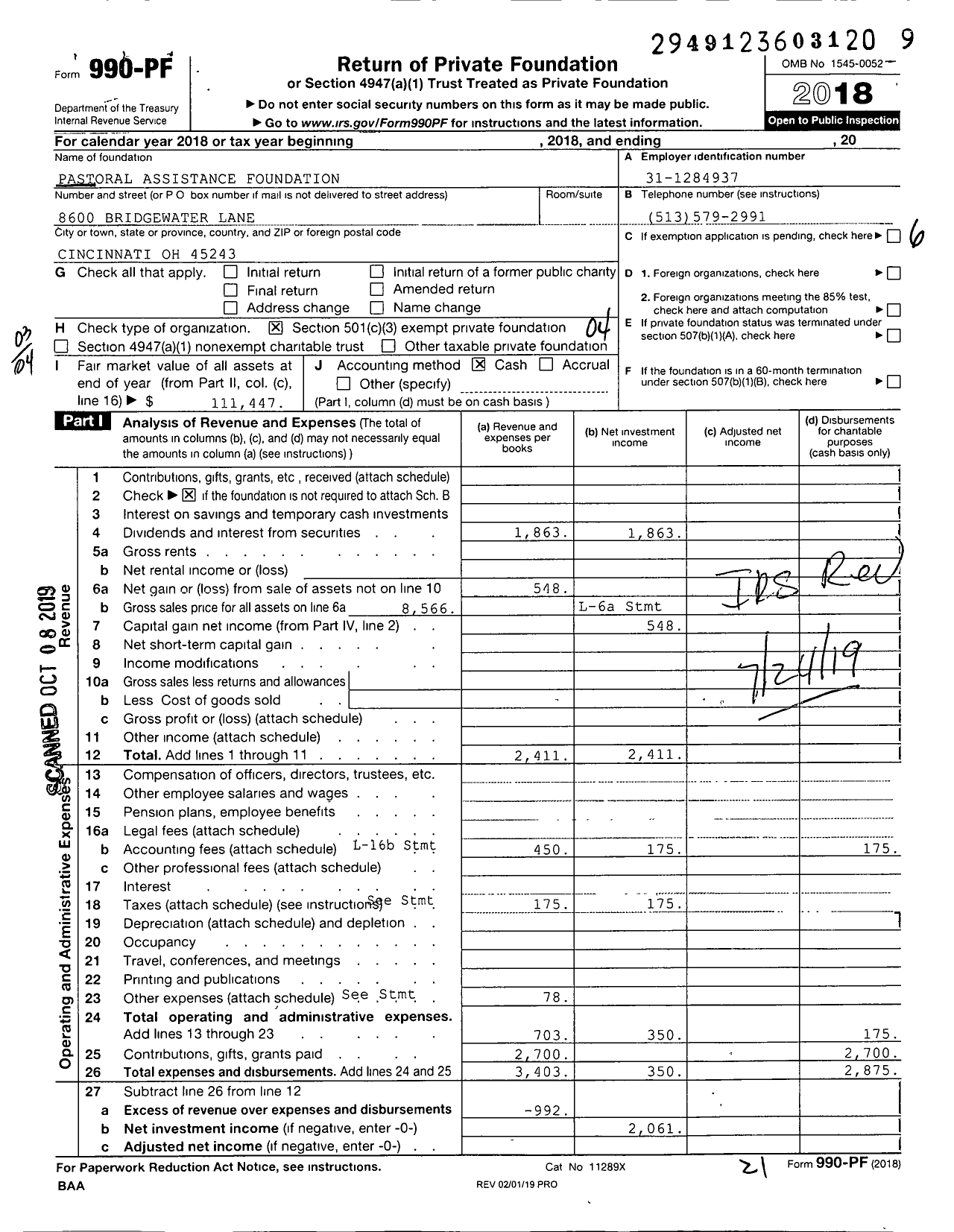 Image of first page of 2018 Form 990PF for Pastoral Assistance Foundation