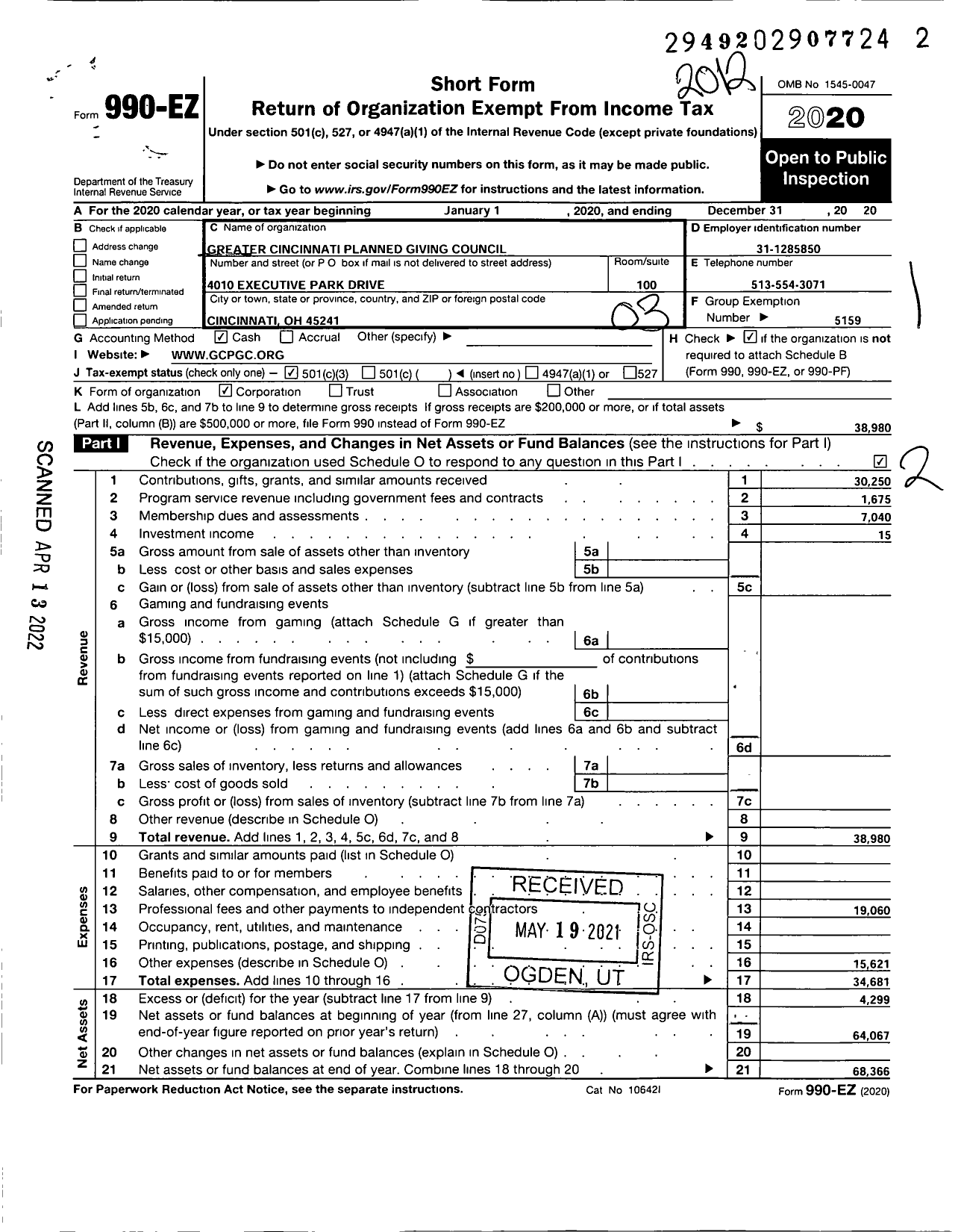 Image of first page of 2020 Form 990EZ for National Association of Charitable Gift Planners / Greater Cincinnati Council