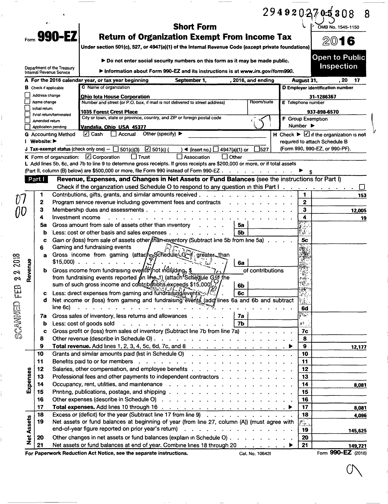 Image of first page of 2016 Form 990EO for Ohio Iota House Corporation