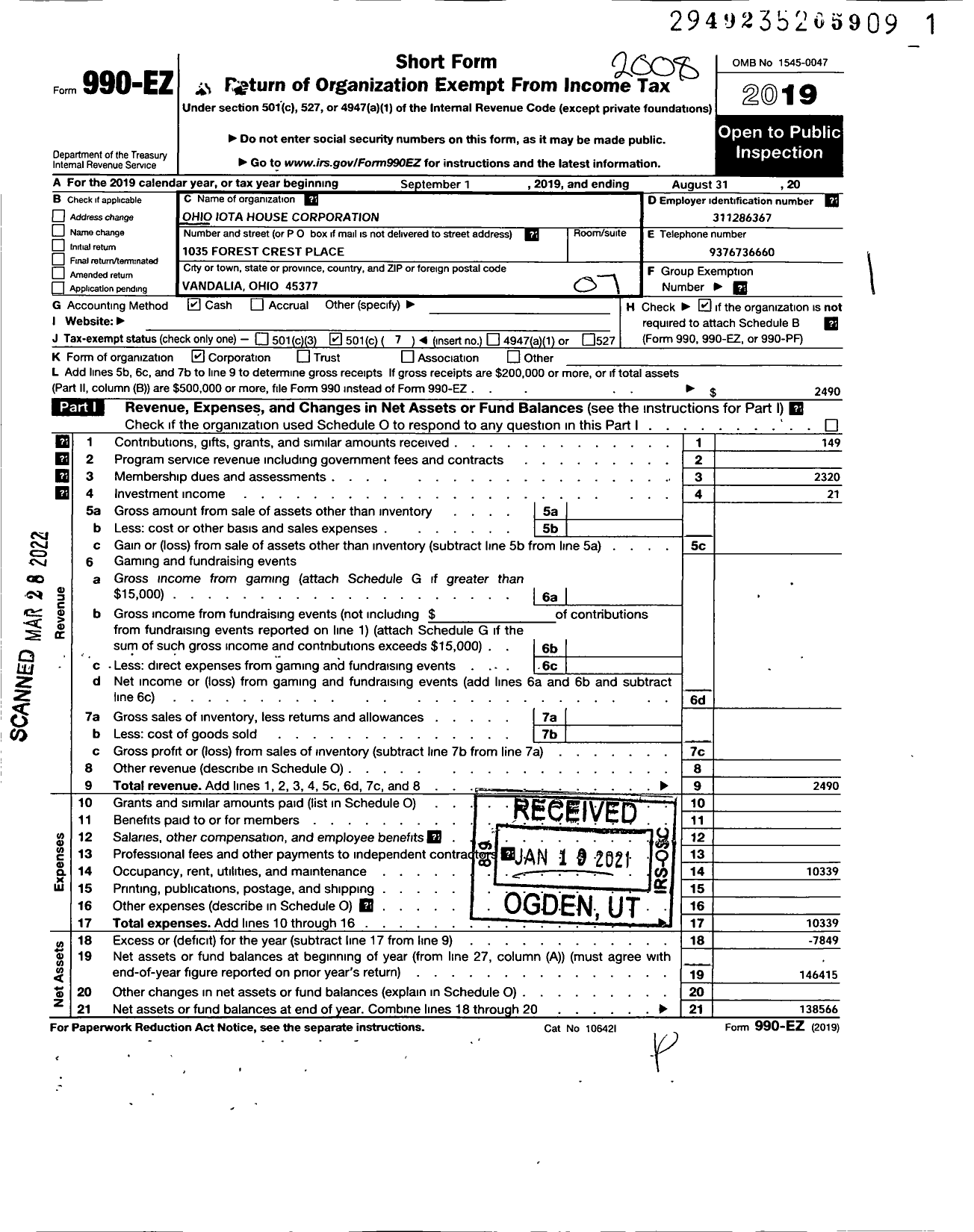 Image of first page of 2019 Form 990EO for Ohio Iota House Corporation