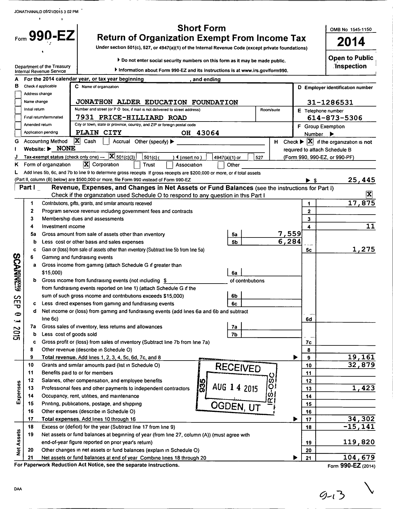 Image of first page of 2014 Form 990EZ for Jonathan Alder Education Foundation John E Adams Do Trustee