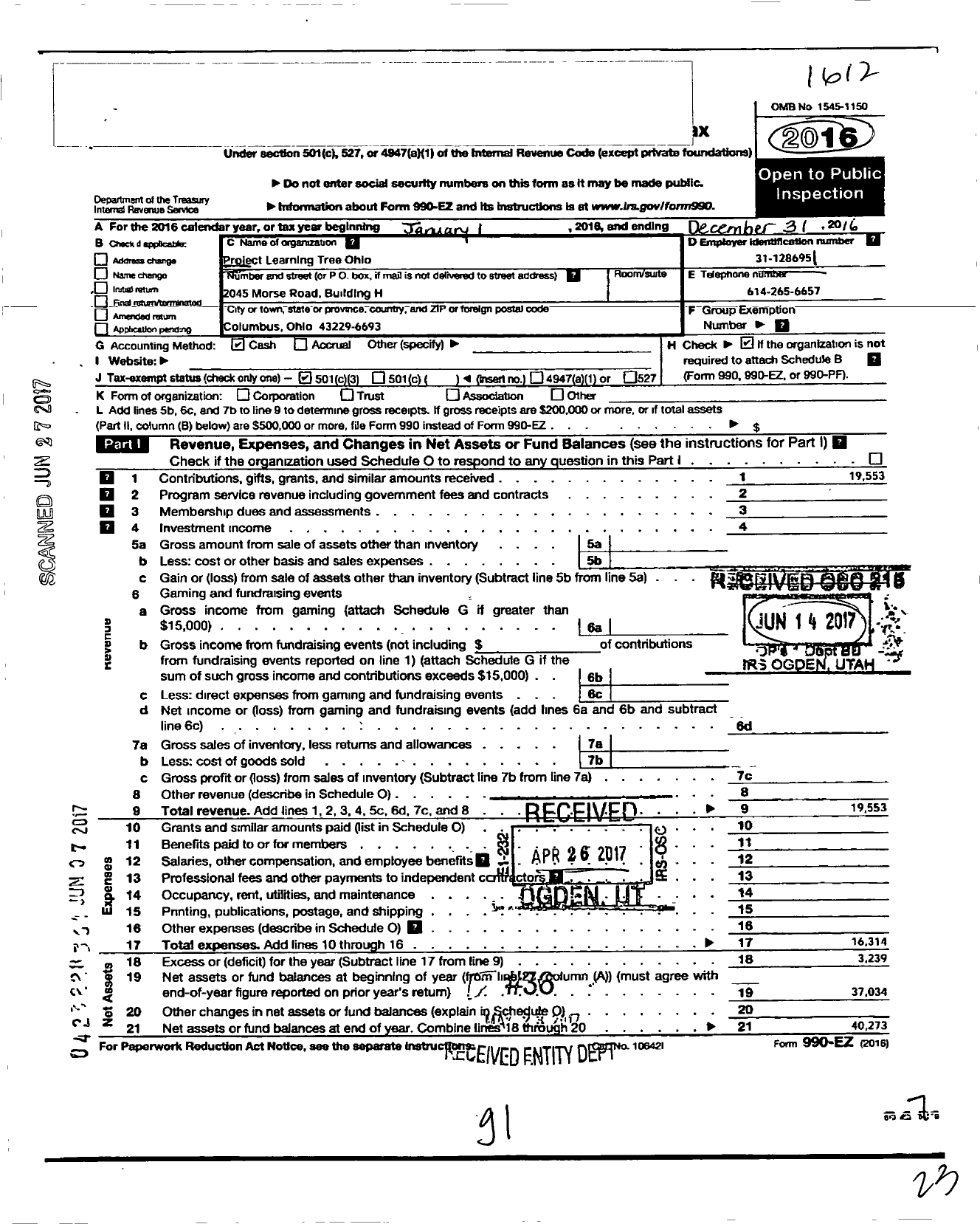 Image of first page of 2016 Form 990EZ for Project Learning Tree Ohio