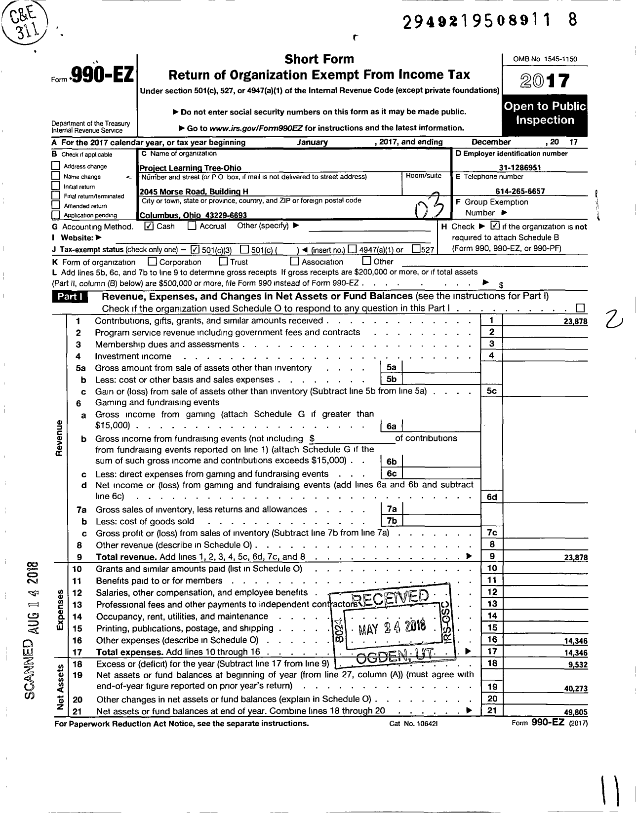 Image of first page of 2017 Form 990EZ for Project Learning Tree Ohio