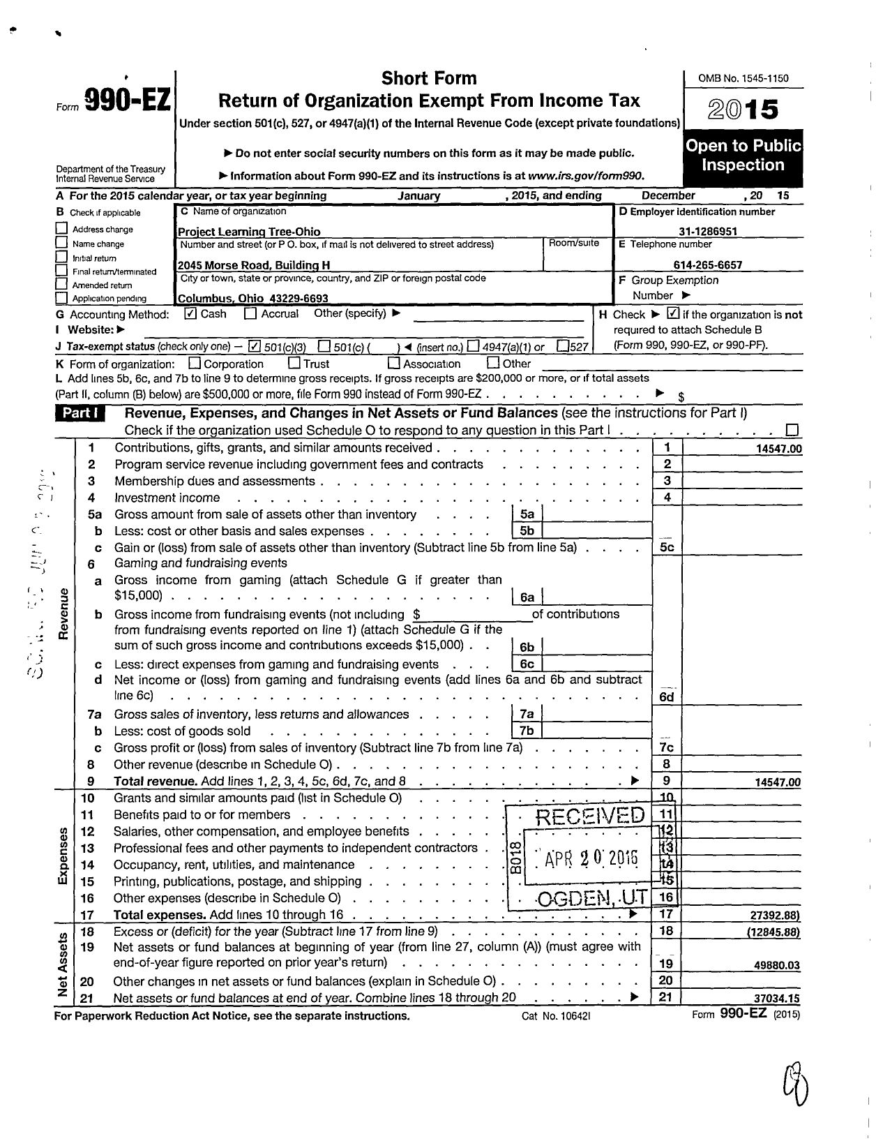 Image of first page of 2015 Form 990EZ for Project Learning Tree Ohio