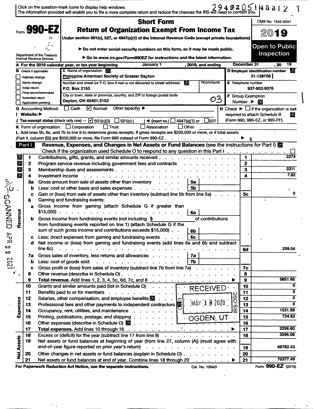 Image of first page of 2019 Form 990EZ for The Philippine American Society of Greater Dayton