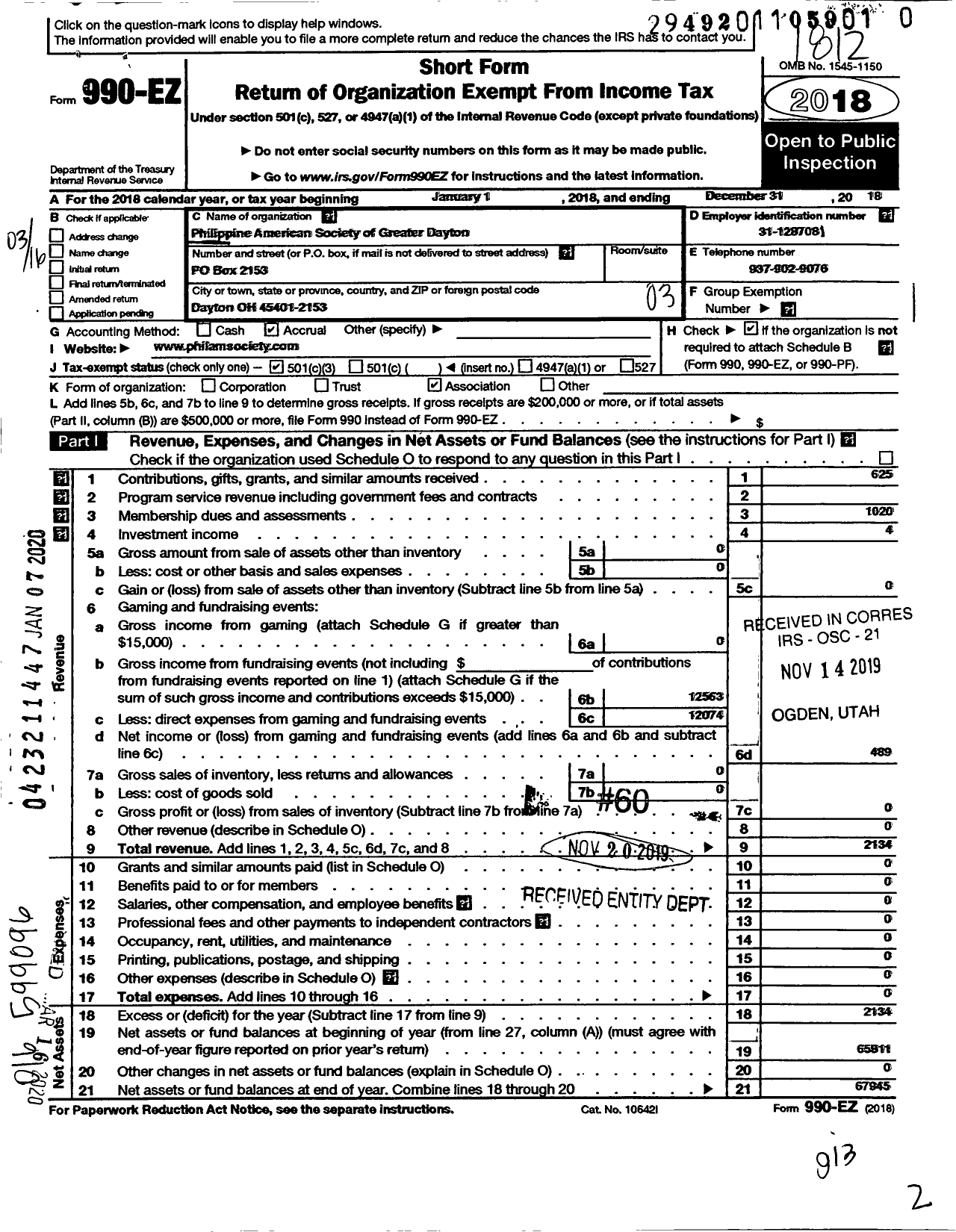 Image of first page of 2018 Form 990EZ for The Philippine American Society of Greater Dayton