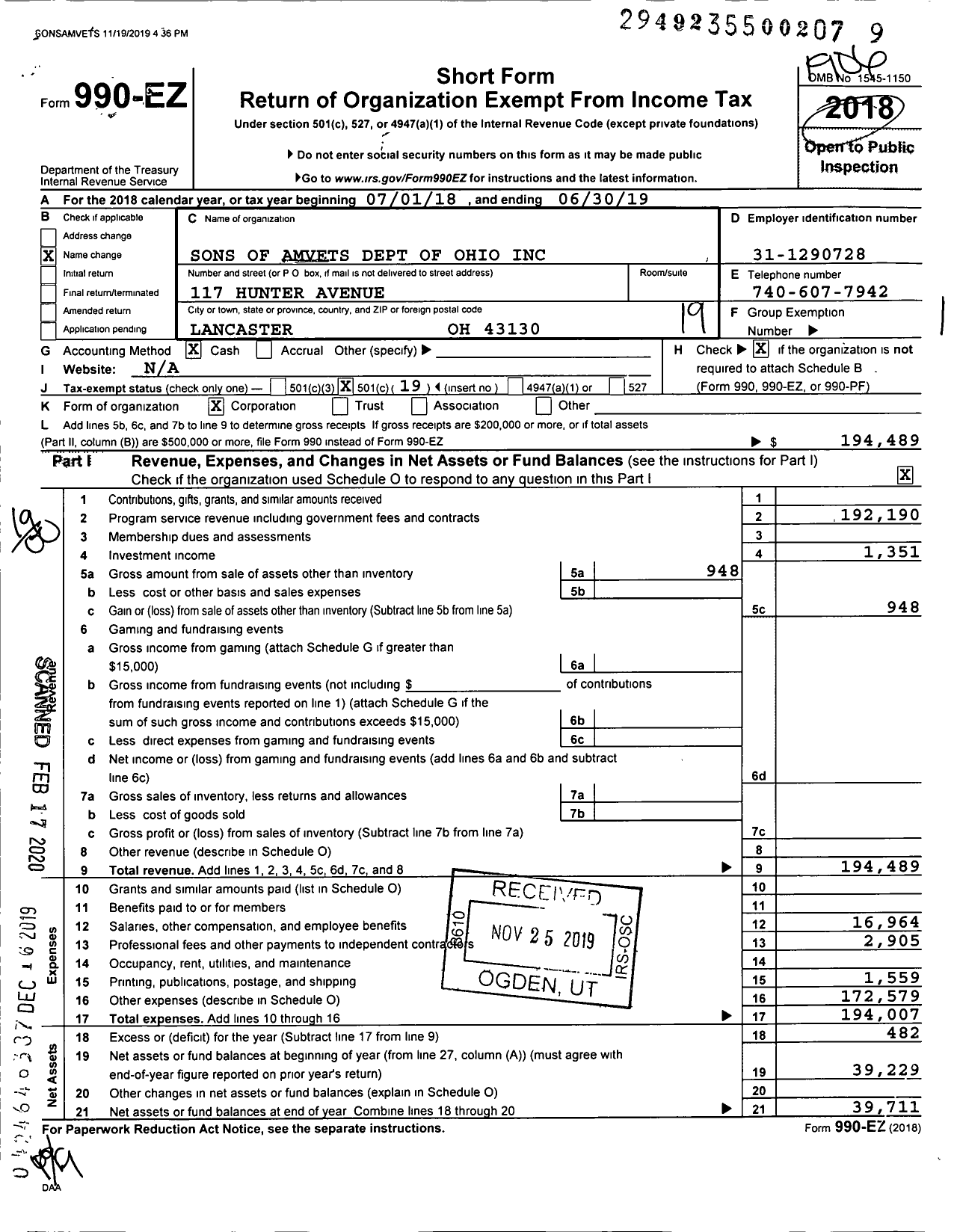 Image of first page of 2018 Form 990EO for Amvets - Sons of Amvets Department of Ohio