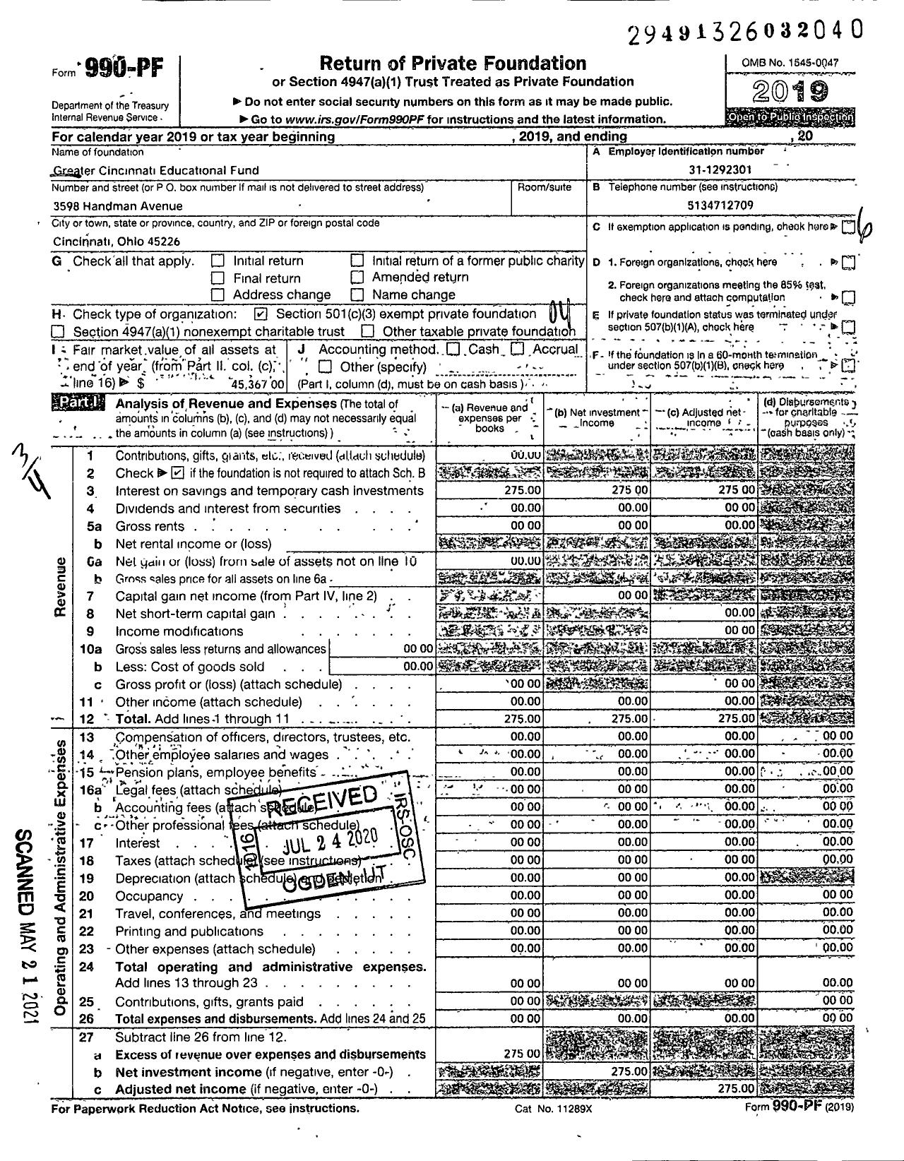 Image of first page of 2019 Form 990PF for Greater Cincinnati Educational Fund