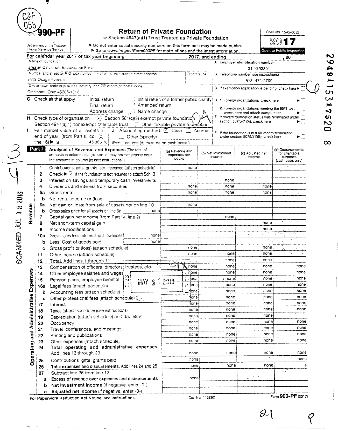 Image of first page of 2017 Form 990PF for Greater Cincinnati Educational Fund