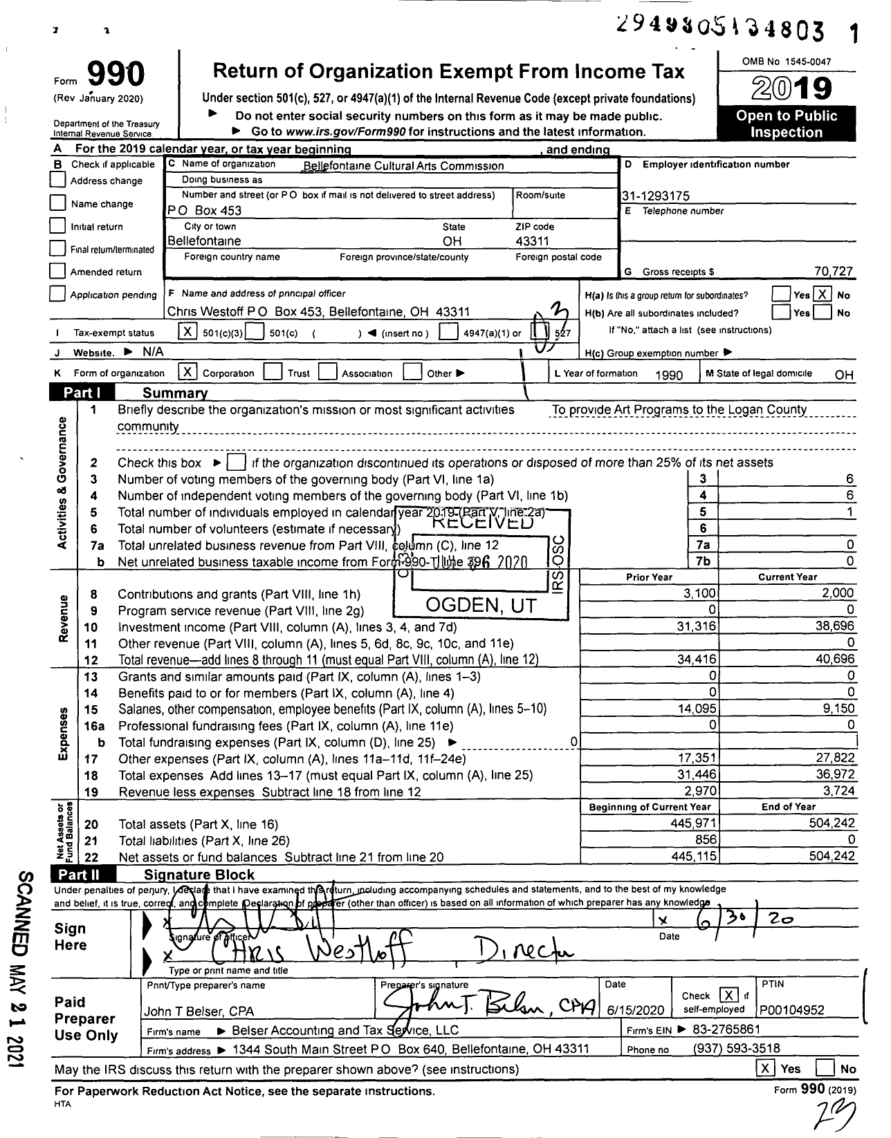 Image of first page of 2019 Form 990 for Bellefontaine Cultural Arts Commission