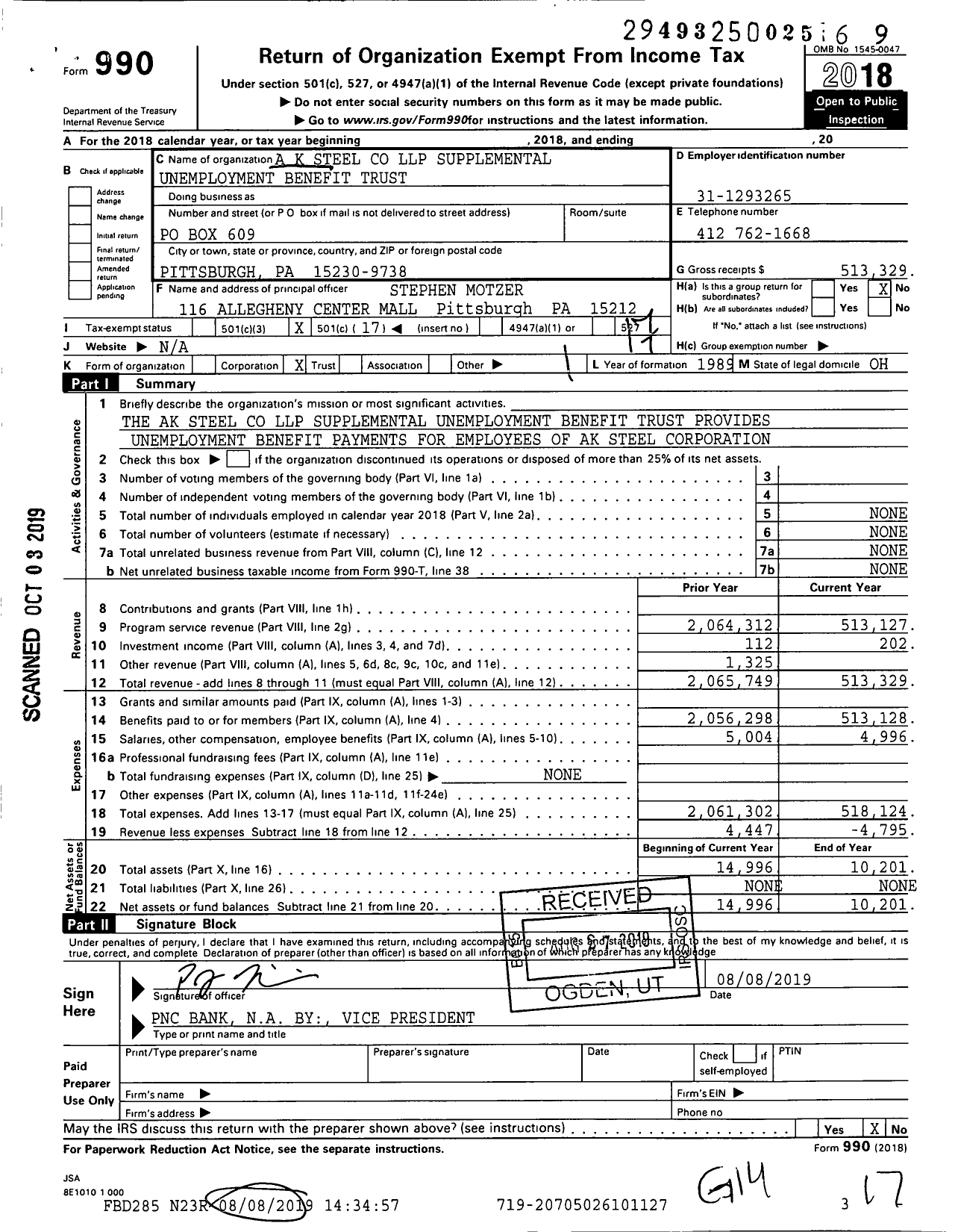 Image of first page of 2018 Form 990O for A K Steel LLP Supplemental