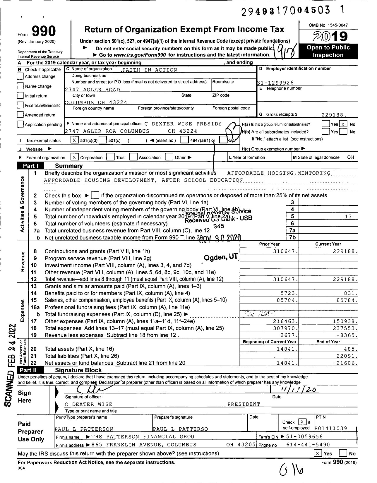 Image of first page of 2019 Form 990 for Faith In Action