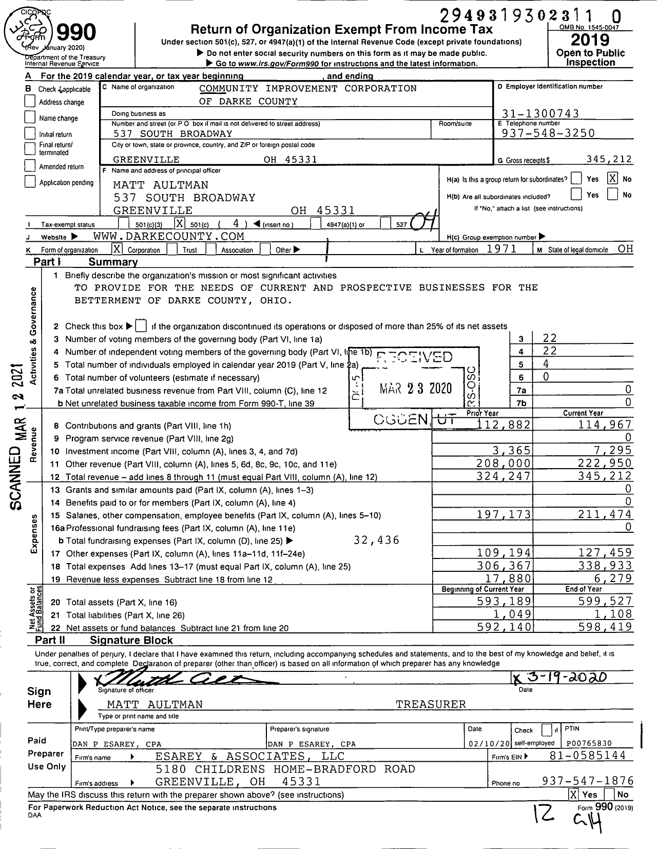 Image of first page of 2019 Form 990O for Community Improvement Corporation of Darke County