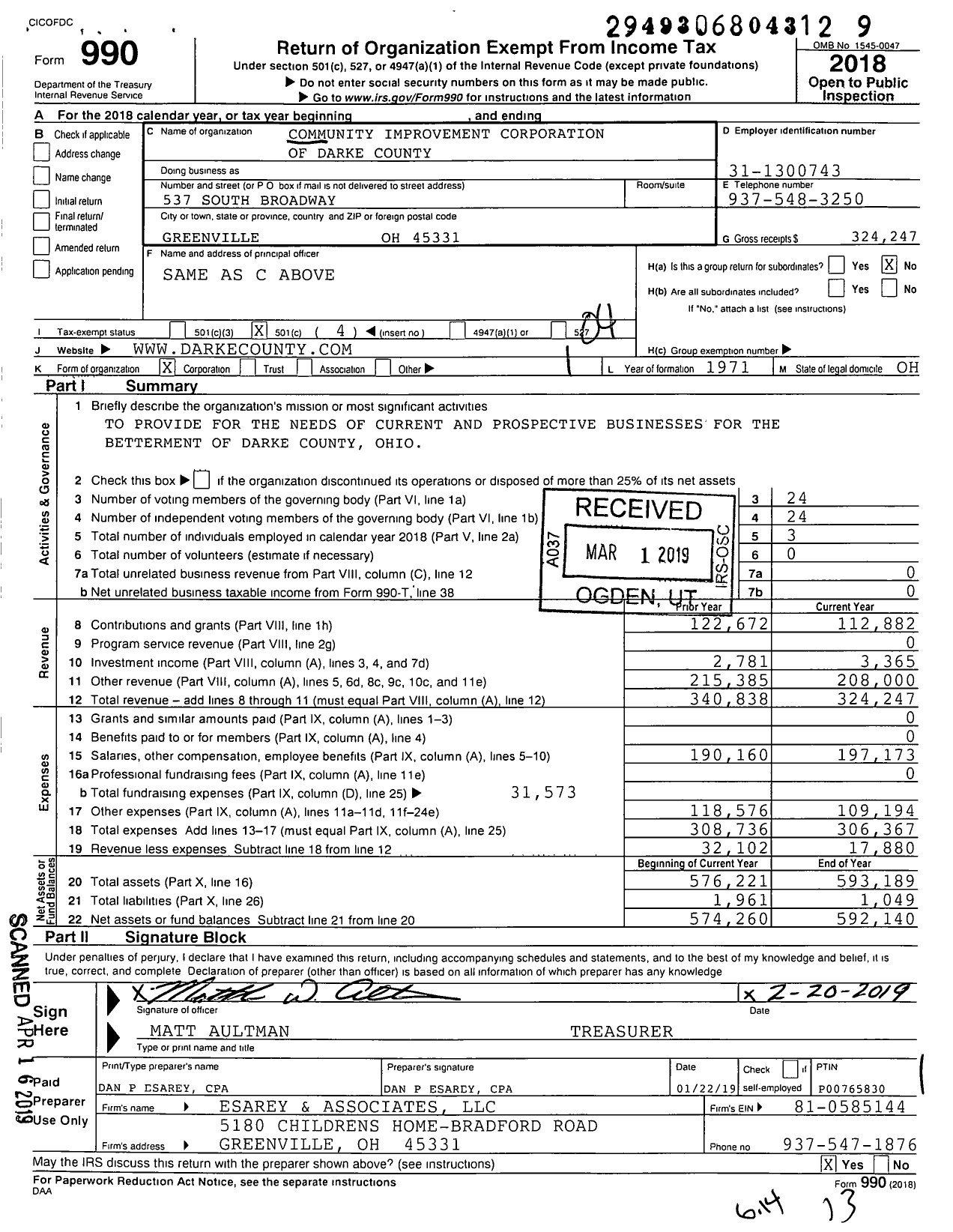 Image of first page of 2018 Form 990O for Community Improvement Corporation of Darke County