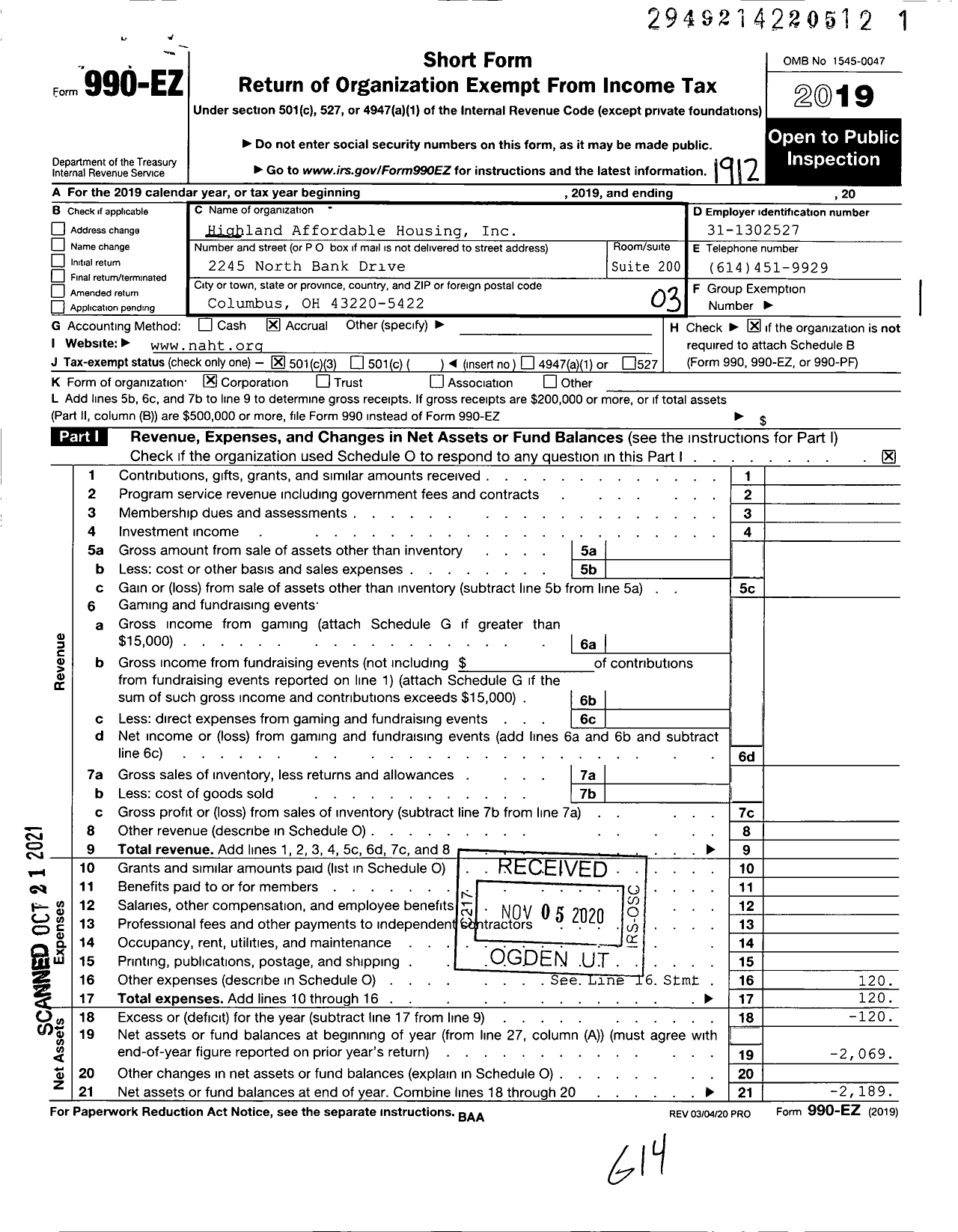 Image of first page of 2019 Form 990EZ for Highland Affordable Housing