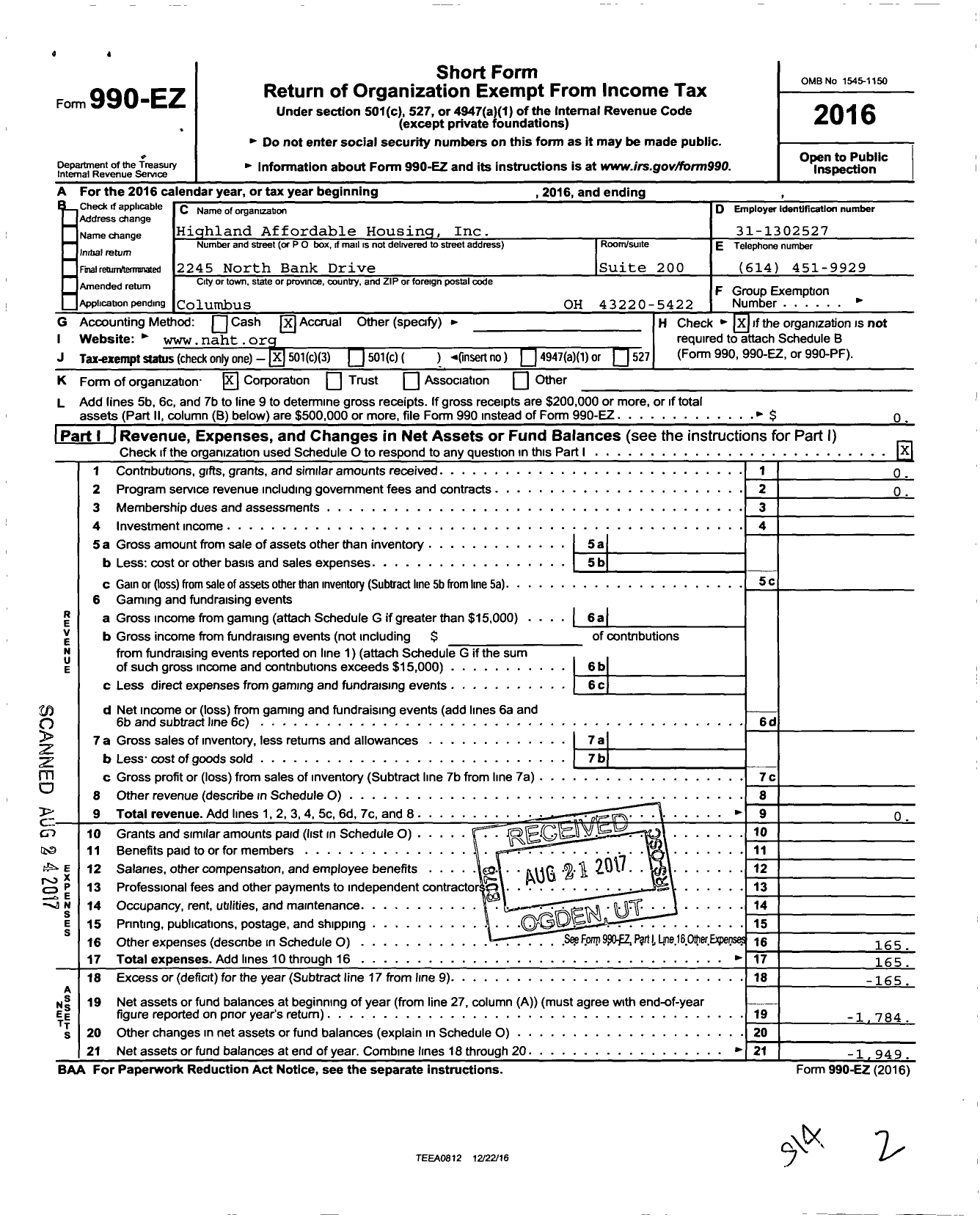 Image of first page of 2016 Form 990EZ for Highland Affordable Housing