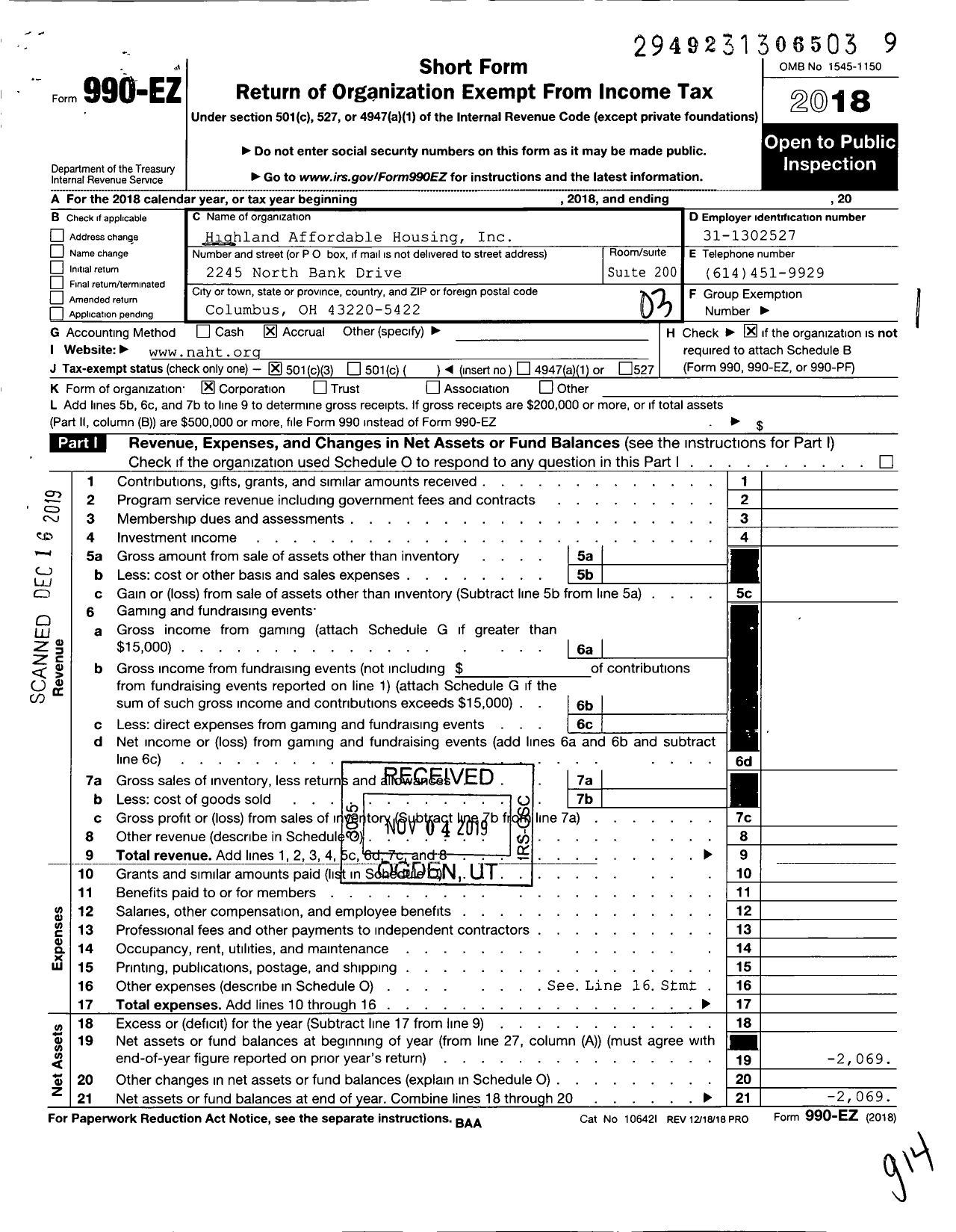 Image of first page of 2018 Form 990EZ for Highland Affordable Housing