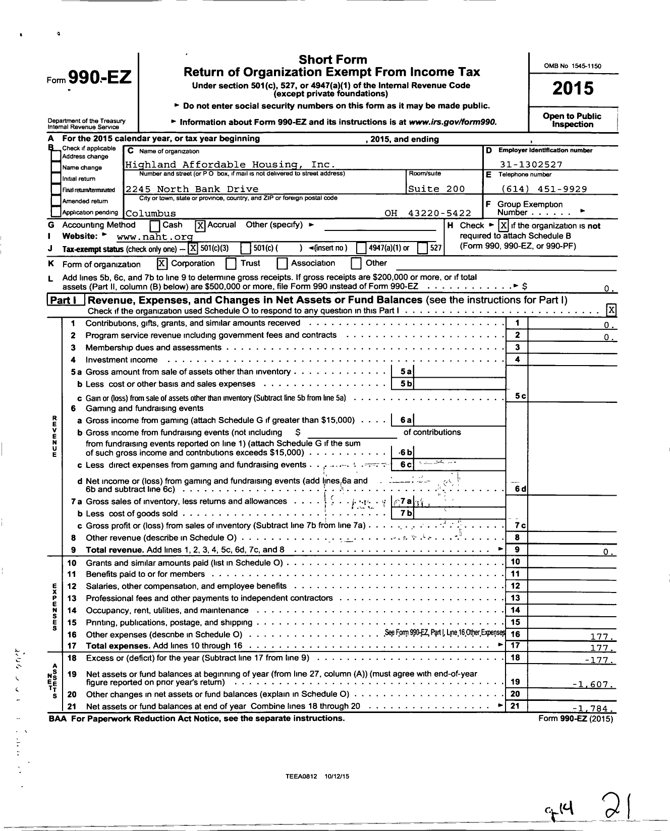 Image of first page of 2015 Form 990EZ for Highland Affordable Housing