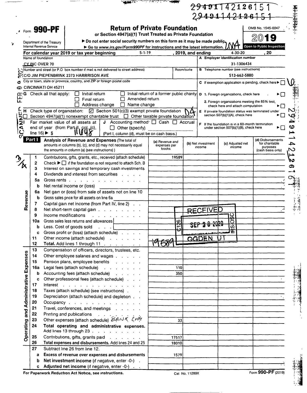 Image of first page of 2019 Form 990PF for Cy Over 70