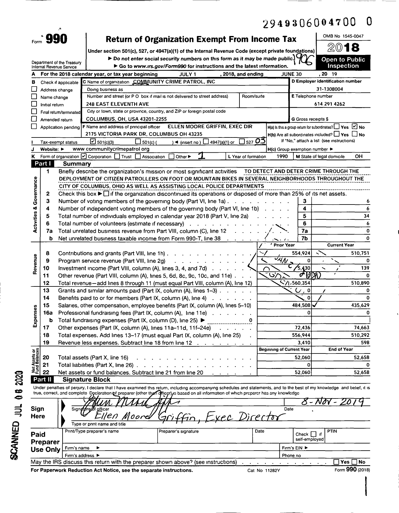 Image of first page of 2018 Form 990 for Community Crime Patrol