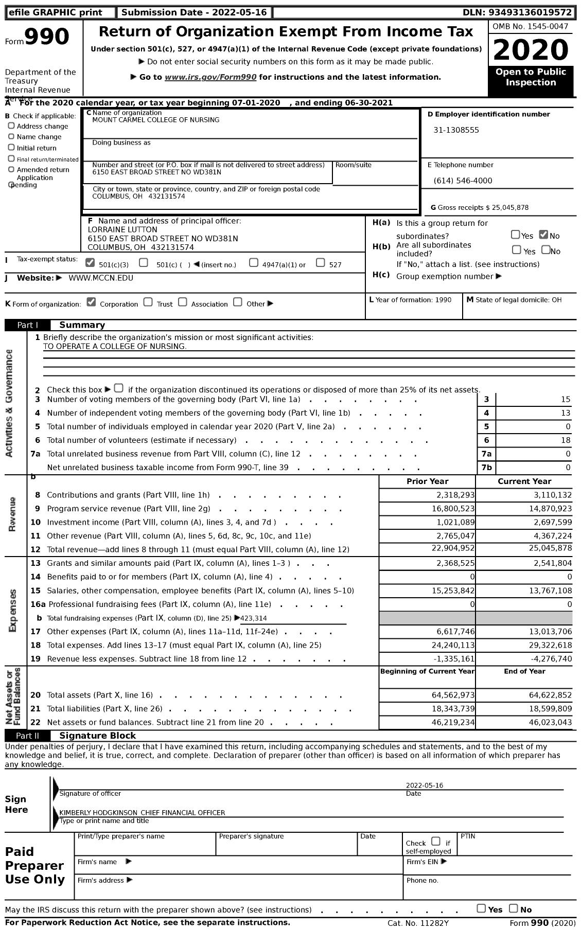 Image of first page of 2020 Form 990 for Mount Carmel College of Nursing (MCCN)