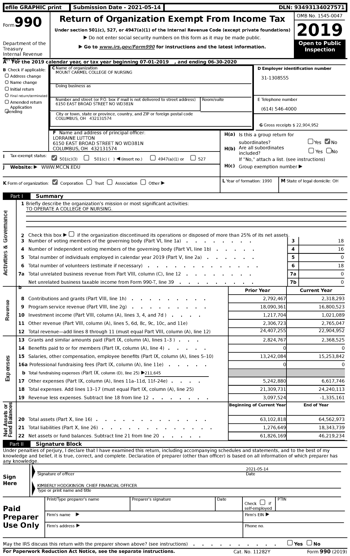 Image of first page of 2019 Form 990 for Mount Carmel College of Nursing (MCCN)