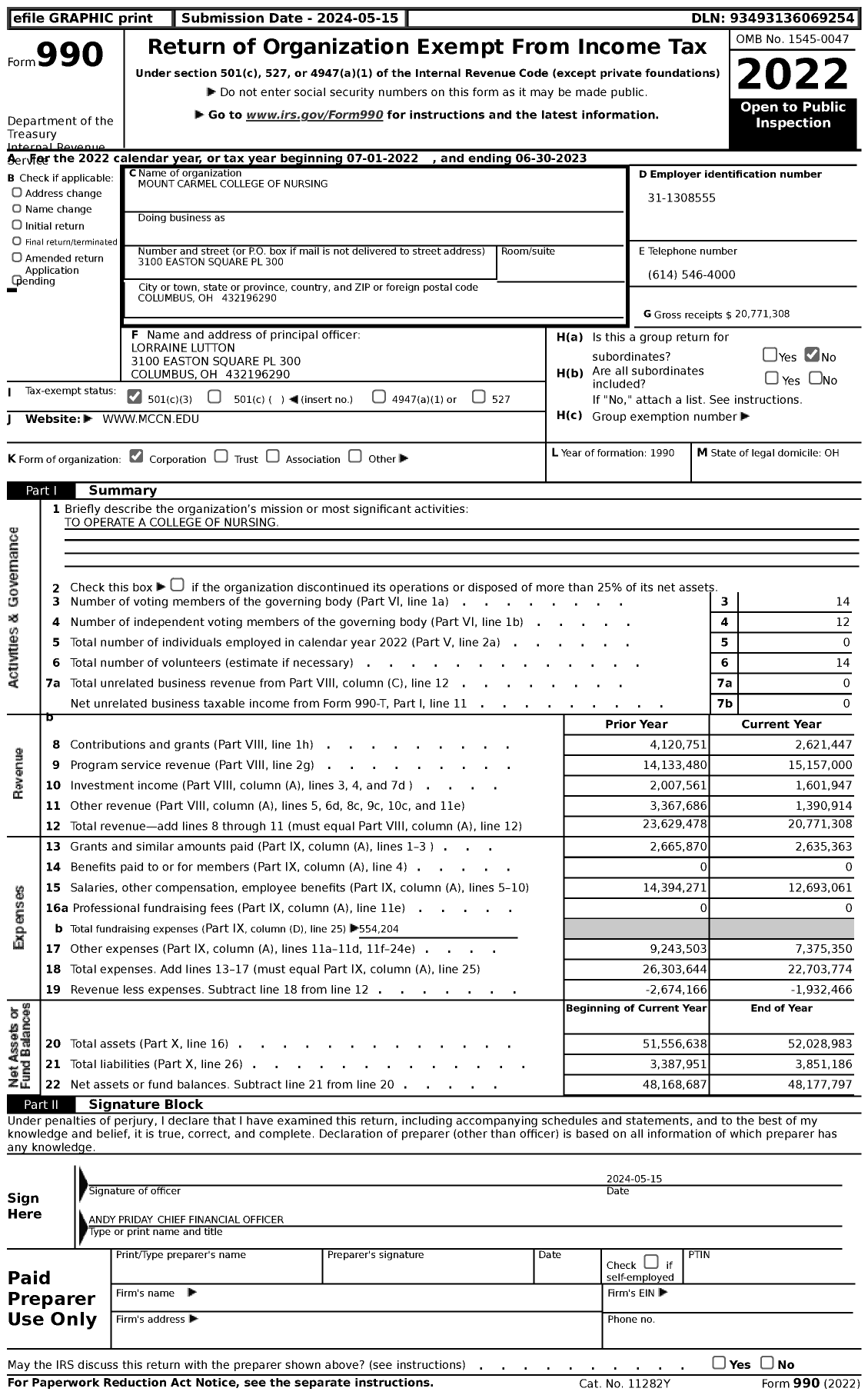 Image of first page of 2022 Form 990 for Mount Carmel College of Nursing (MCCN)