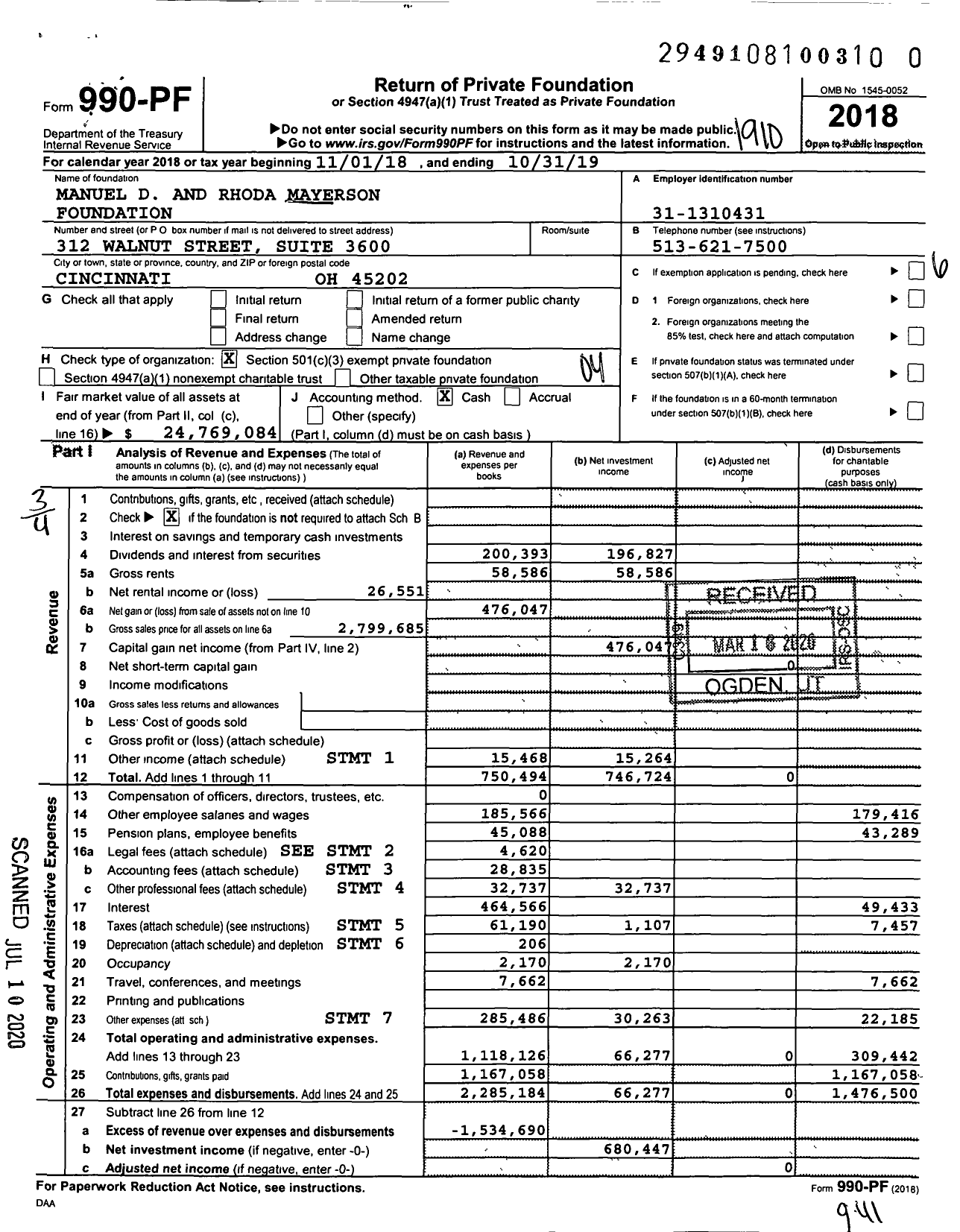 Image of first page of 2018 Form 990PR for Manuel D and Rhoda Mayerson Foundation