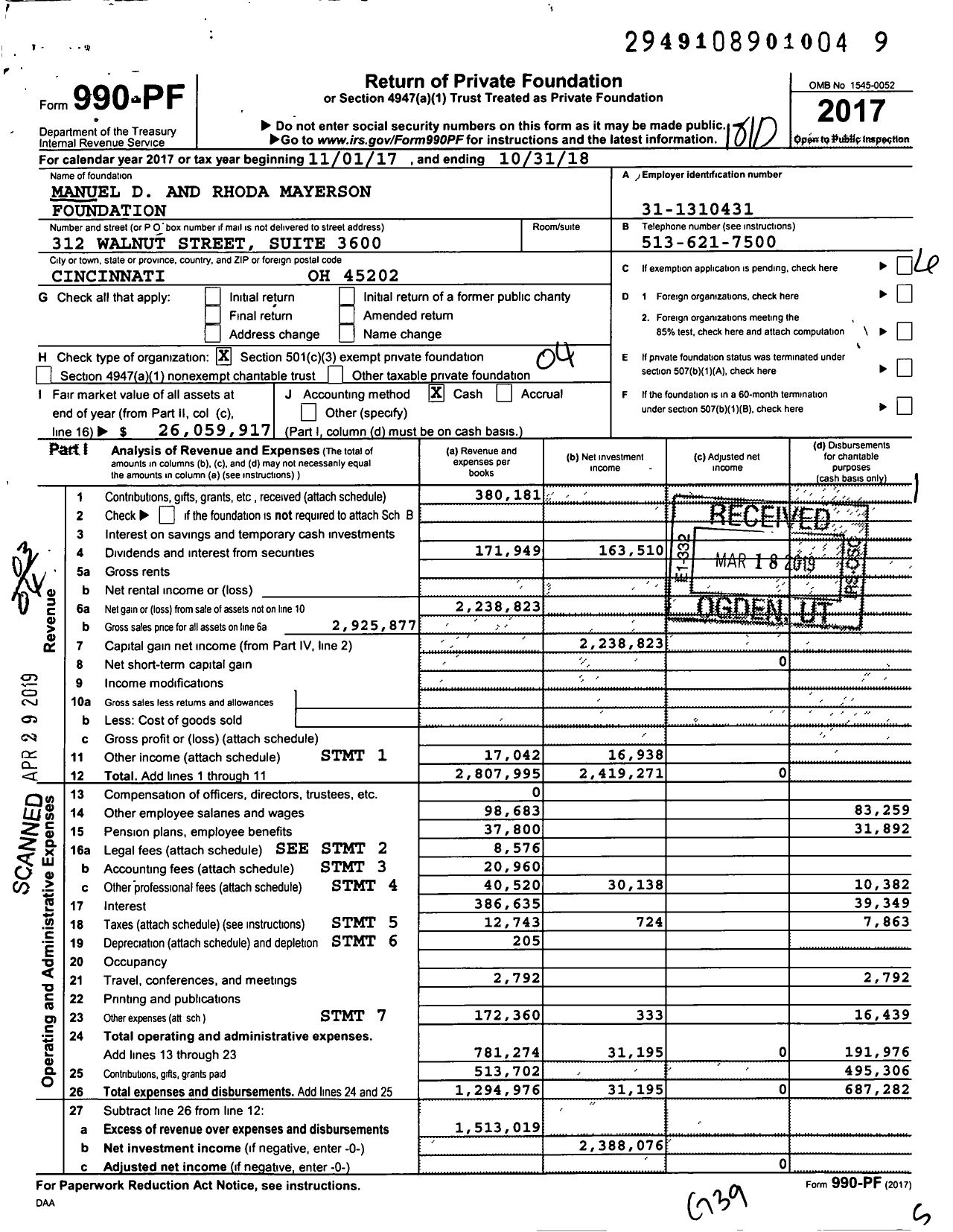 Image of first page of 2017 Form 990PF for Manuel D and Rhoda Mayerson Foundation