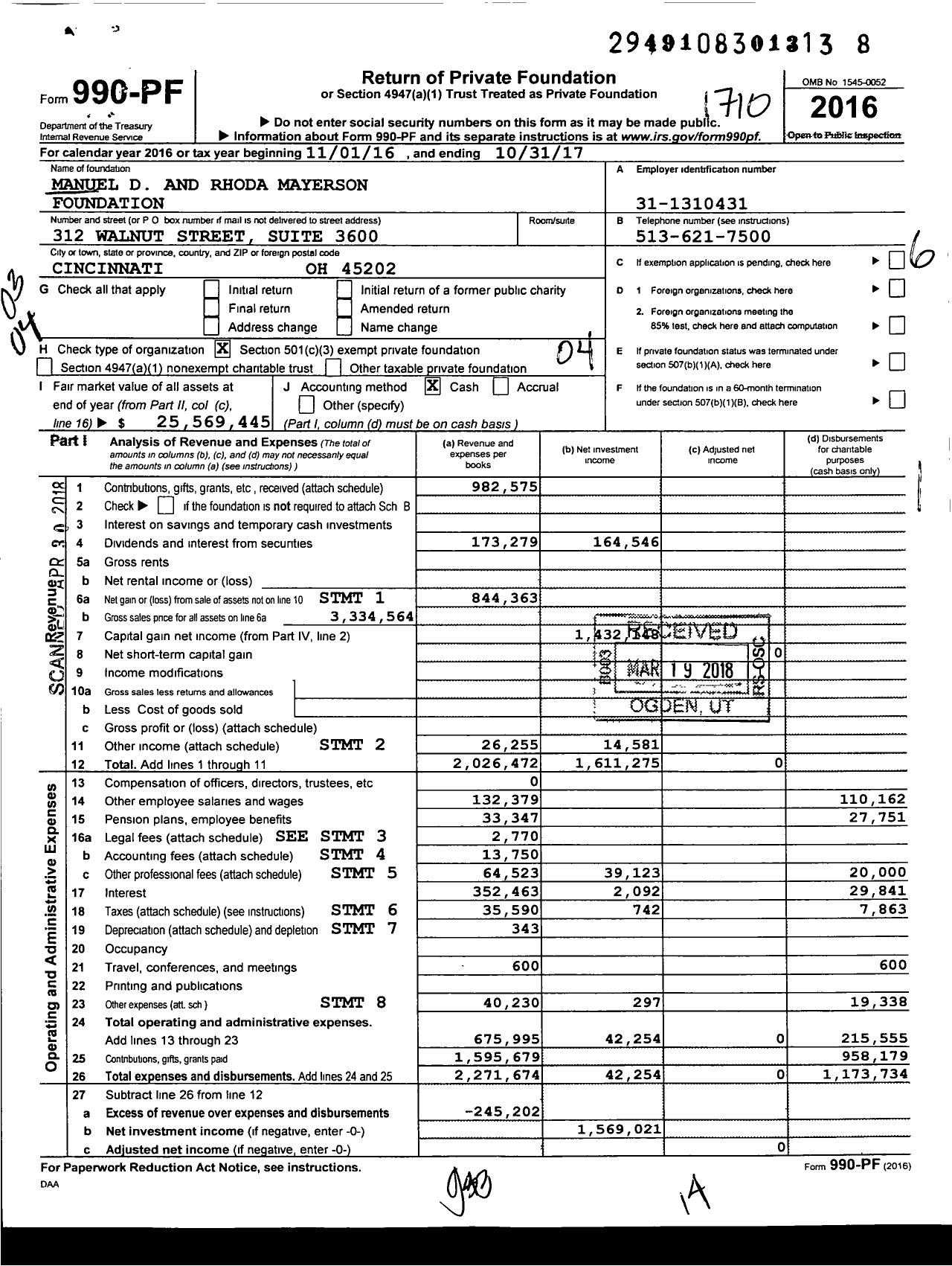 Image of first page of 2016 Form 990PF for Manuel D and Rhoda Mayerson Foundation