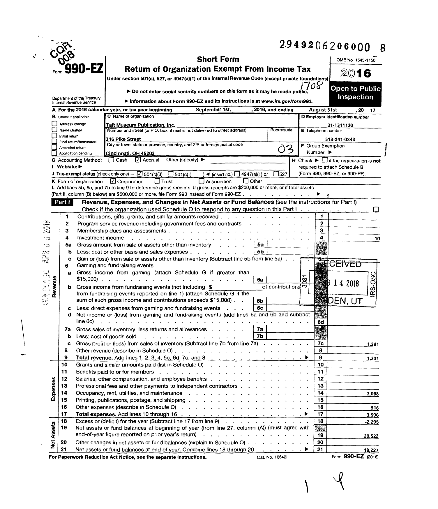 Image of first page of 2016 Form 990EZ for Taft Museum Publication