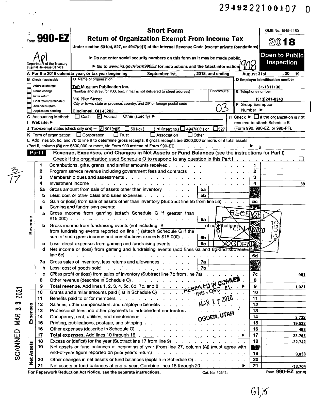 Image of first page of 2018 Form 990EZ for Taft Museum Publication