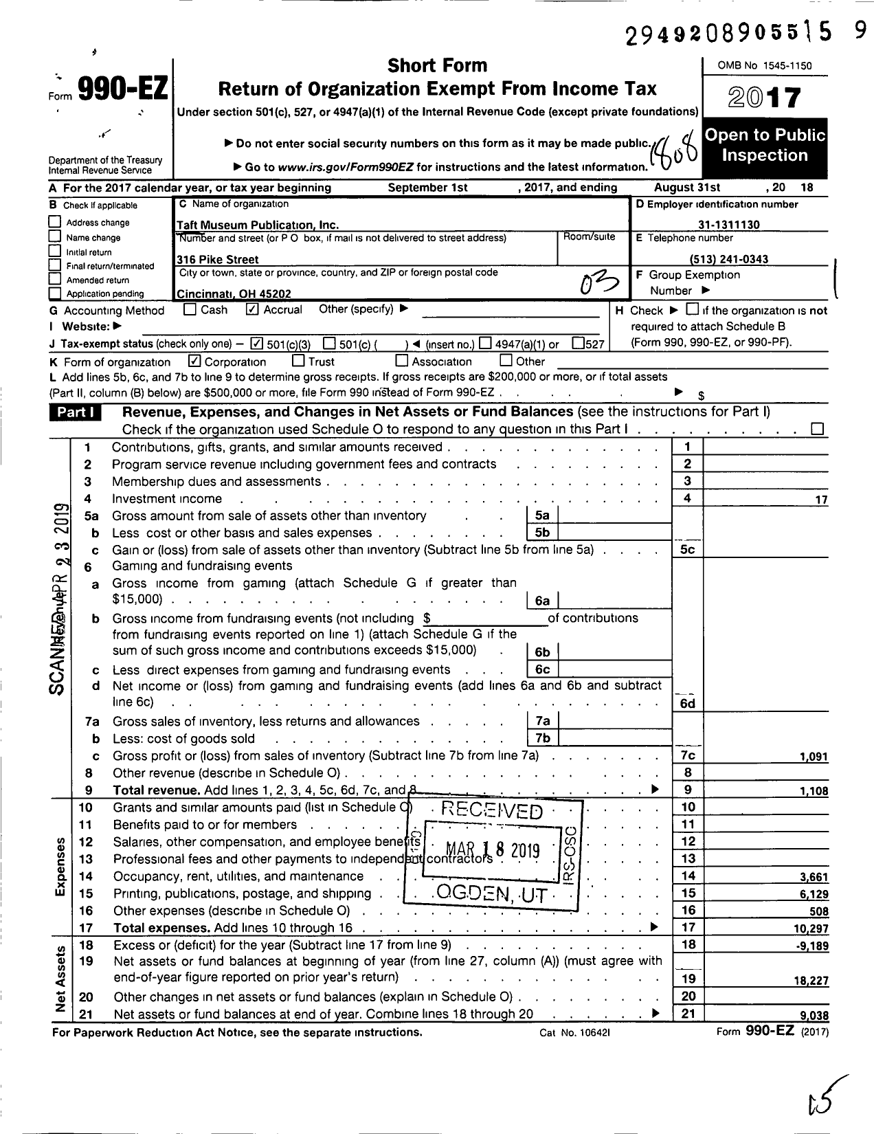 Image of first page of 2017 Form 990EZ for Taft Museum Publication