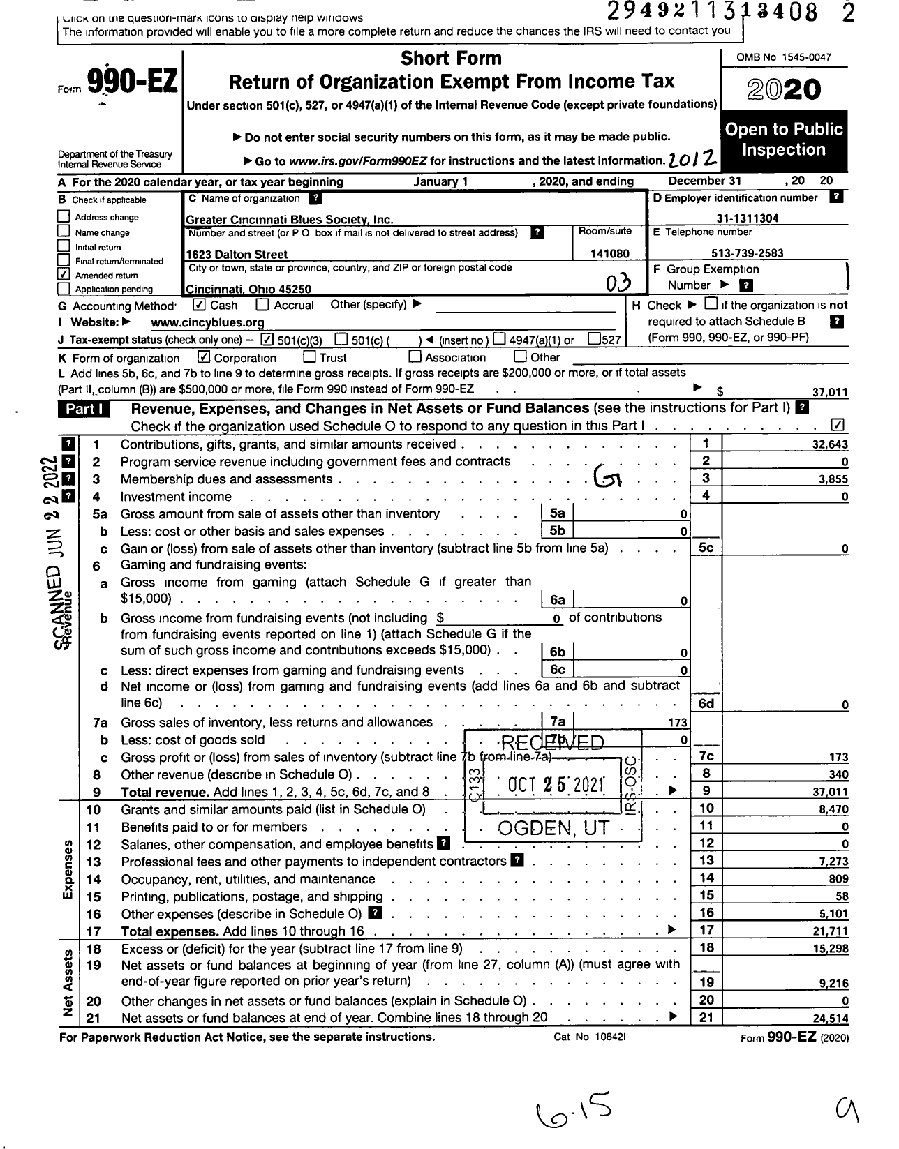 Image of first page of 2020 Form 990EZ for Cincy BLUES SOCIETY