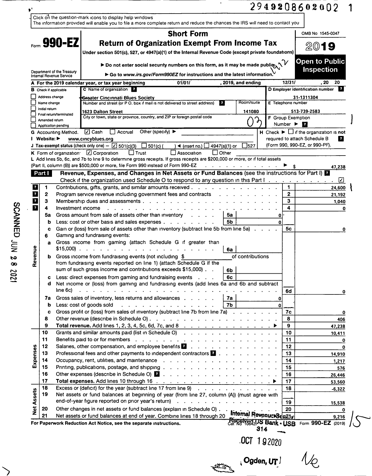 Image of first page of 2019 Form 990EZ for Cincy BLUES SOCIETY