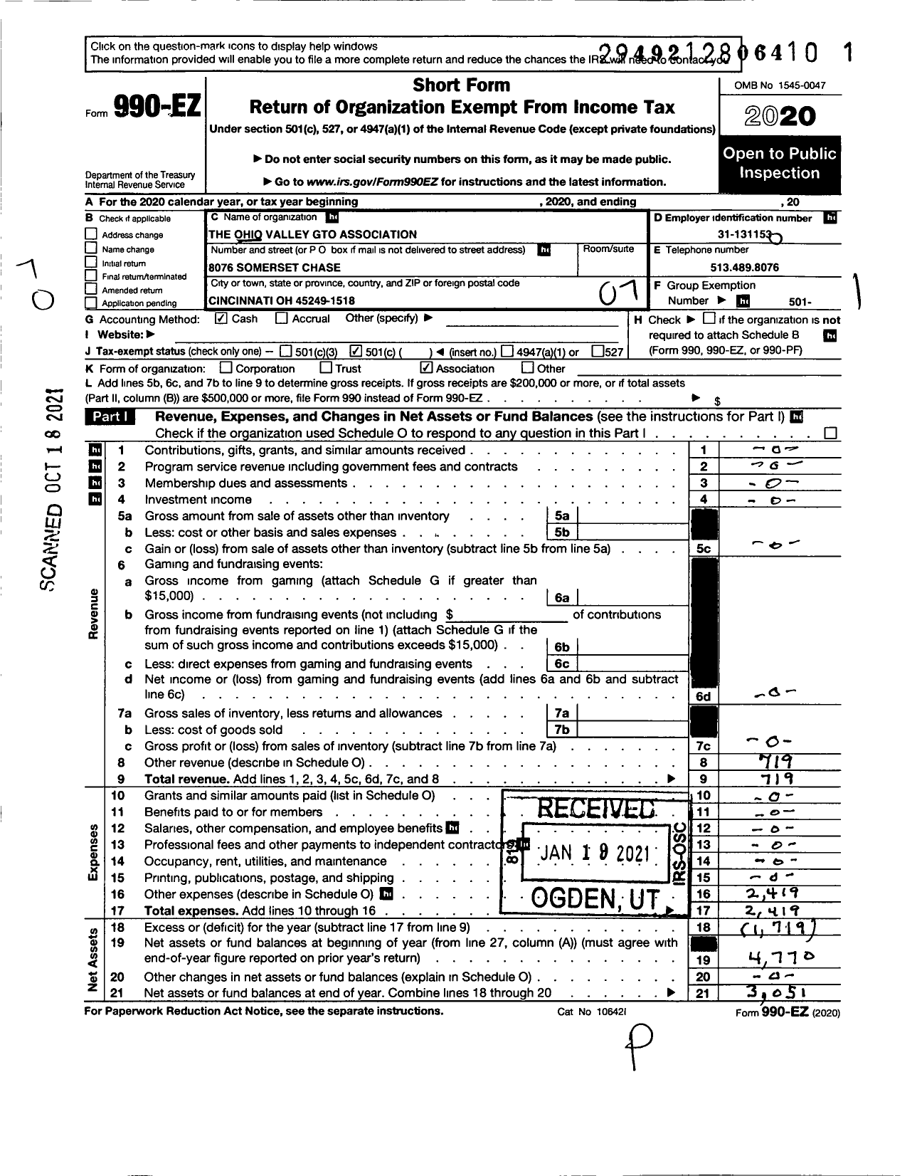 Image of first page of 2020 Form 990EO for Ohio Valley GTO Association