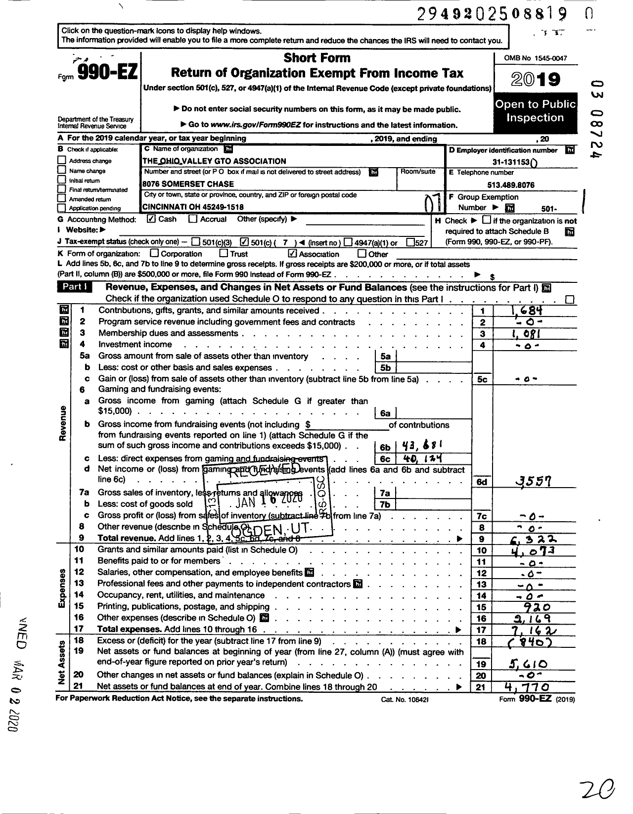 Image of first page of 2019 Form 990EO for Ohio Valley GTO Association