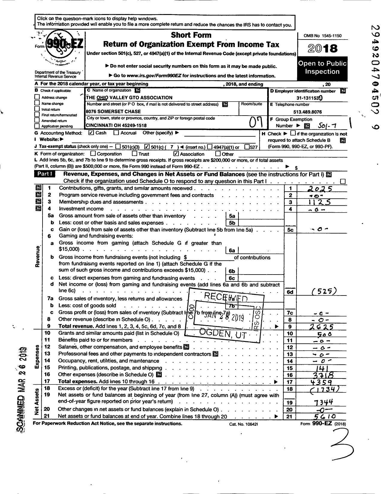 Image of first page of 2018 Form 990EO for Ohio Valley GTO Association