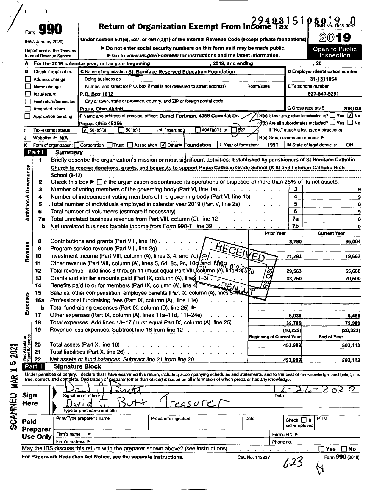 Image of first page of 2019 Form 990 for St Boniface Reserved Education Foundation